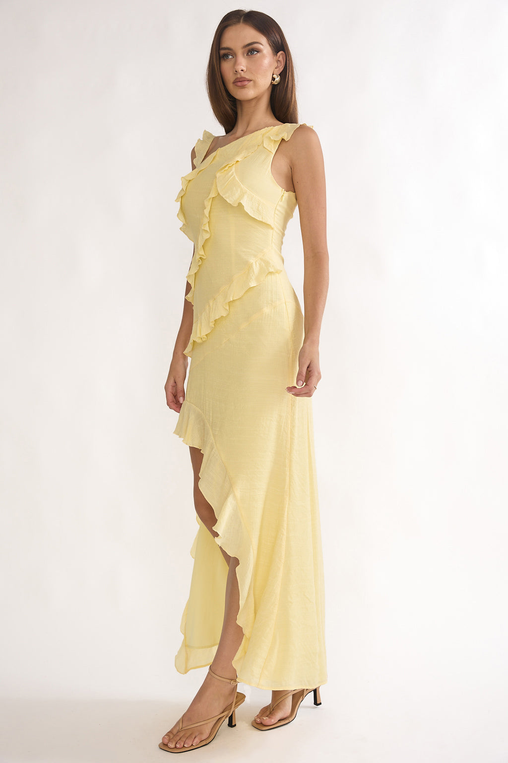 Arrabel Asymmetric Hem Ruffle Maxi Dress Lemon by Selfie Leslie Australia