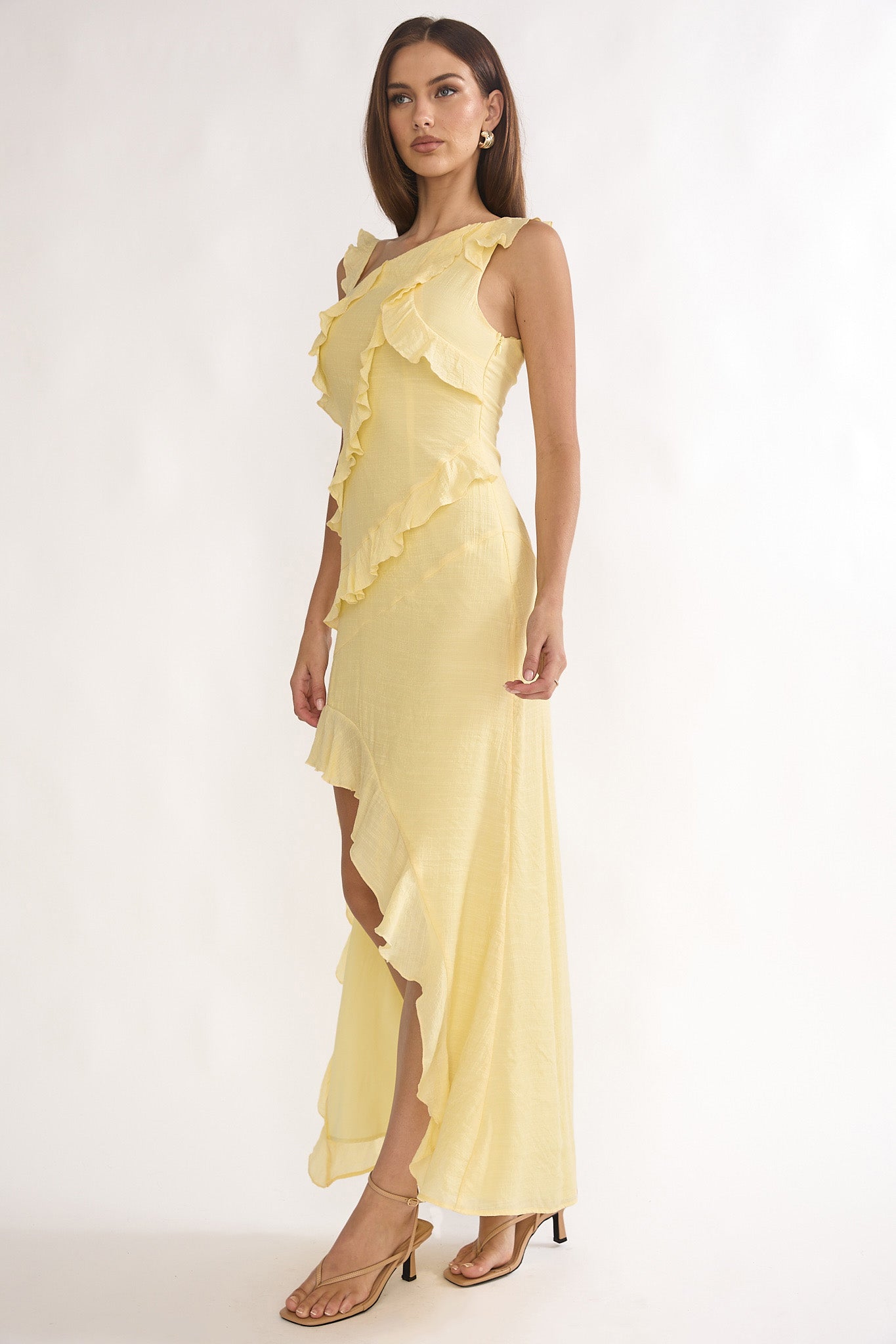 Arrabel Asymmetric Hem Ruffle Maxi Dress Lemon by Selfie Leslie Australia