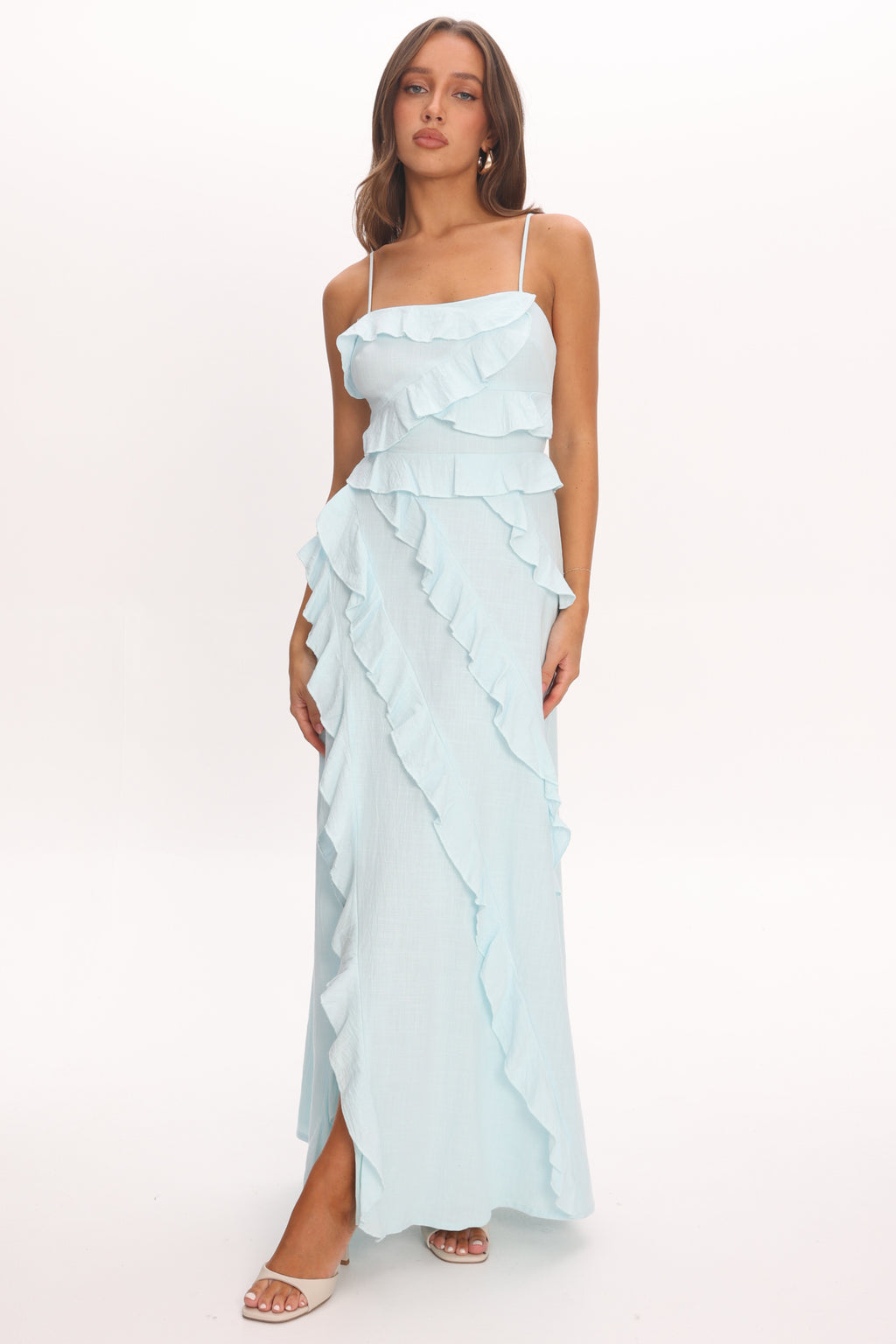 Arrabel Ruffle Split Maxi Dress Blue by Selfie Leslie Australia