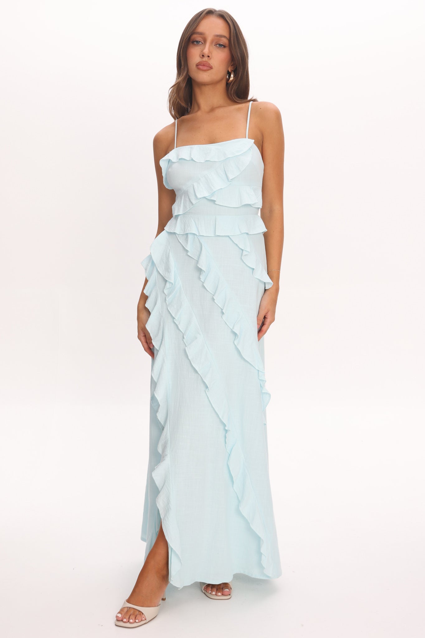 Arrabel Ruffle Split Maxi Dress Blue by Selfie Leslie Australia