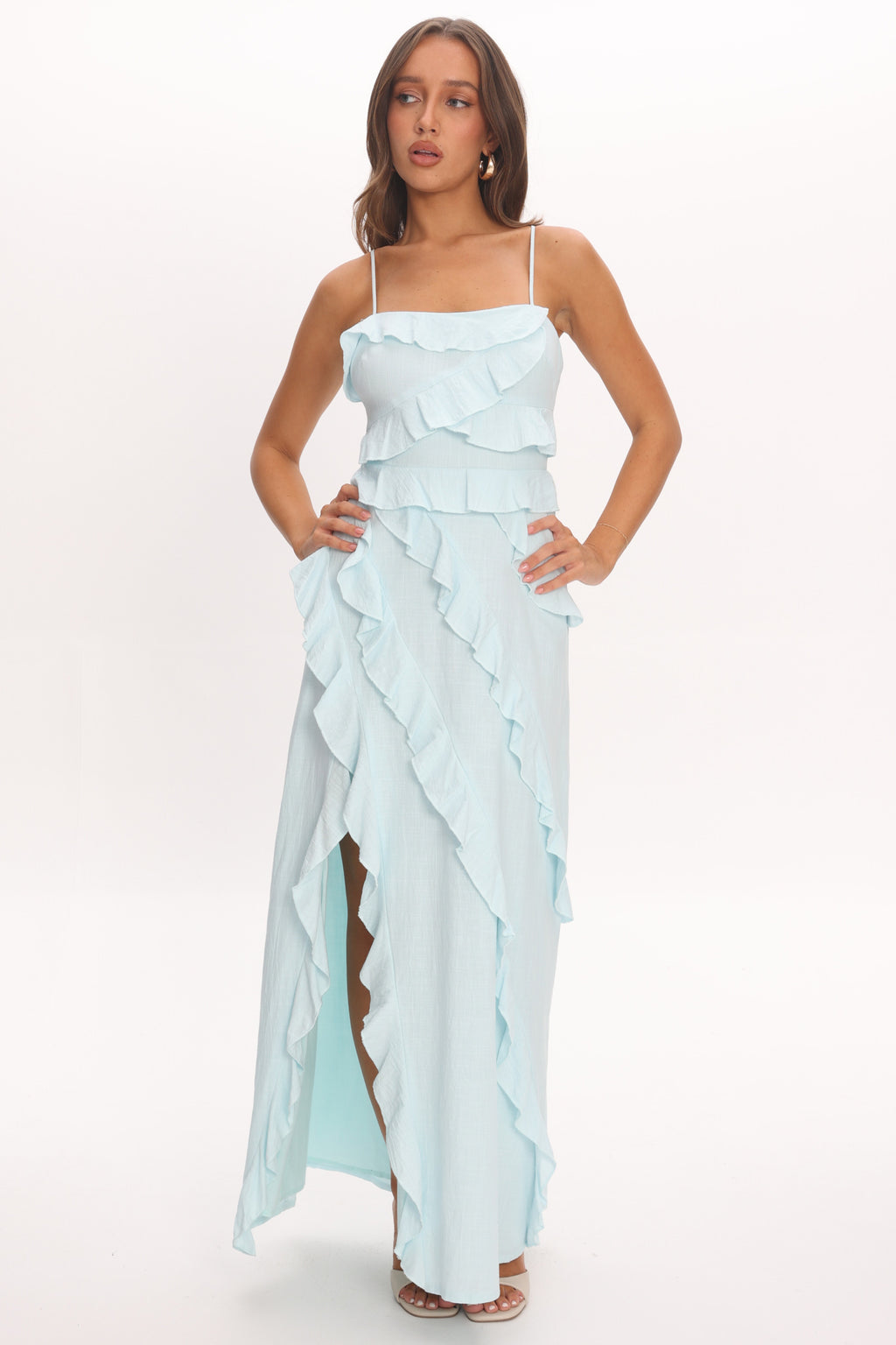 Arrabel Ruffle Split Maxi Dress Blue by Selfie Leslie Australia