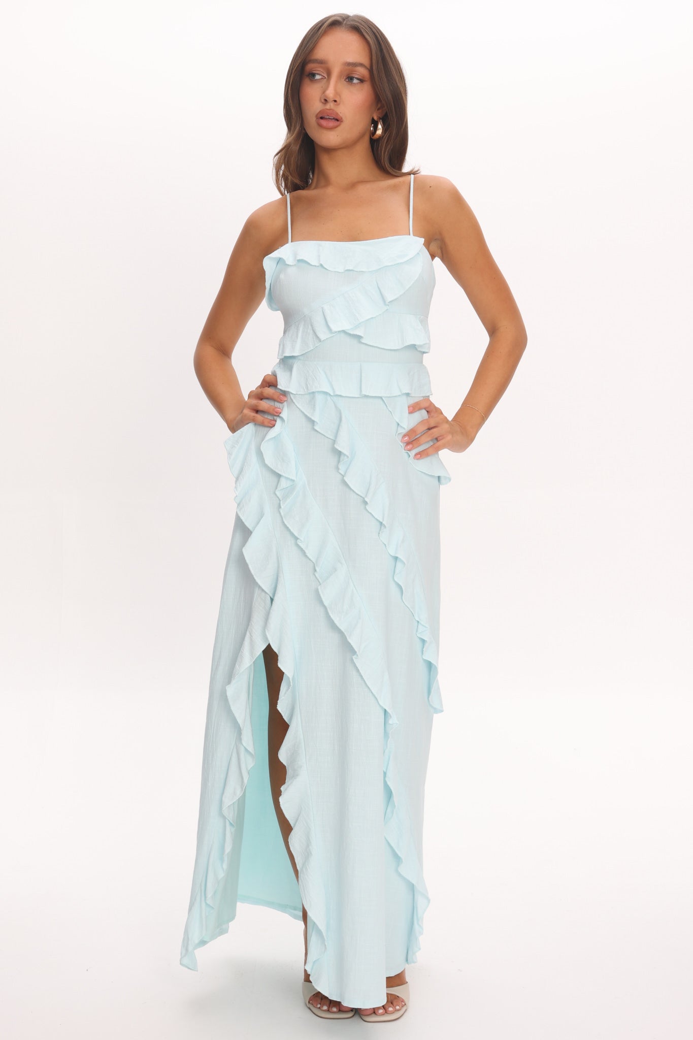 Arrabel Ruffle Split Maxi Dress Blue by Selfie Leslie Australia