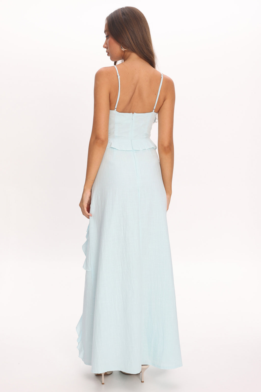 Arrabel Ruffle Split Maxi Dress Blue by Selfie Leslie Australia