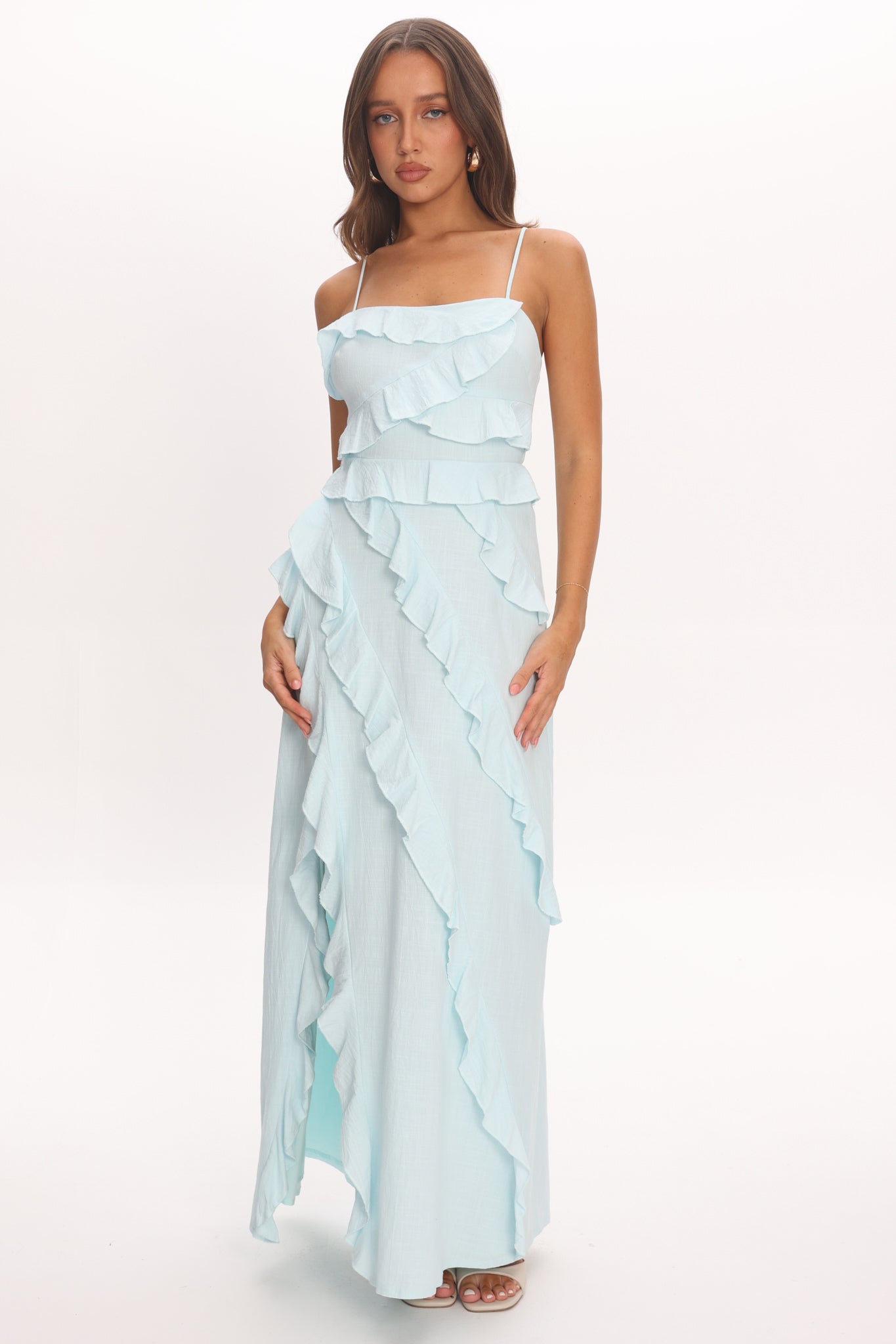 Arrabel Ruffle Split Maxi Dress Blue by Selfie Leslie Australia