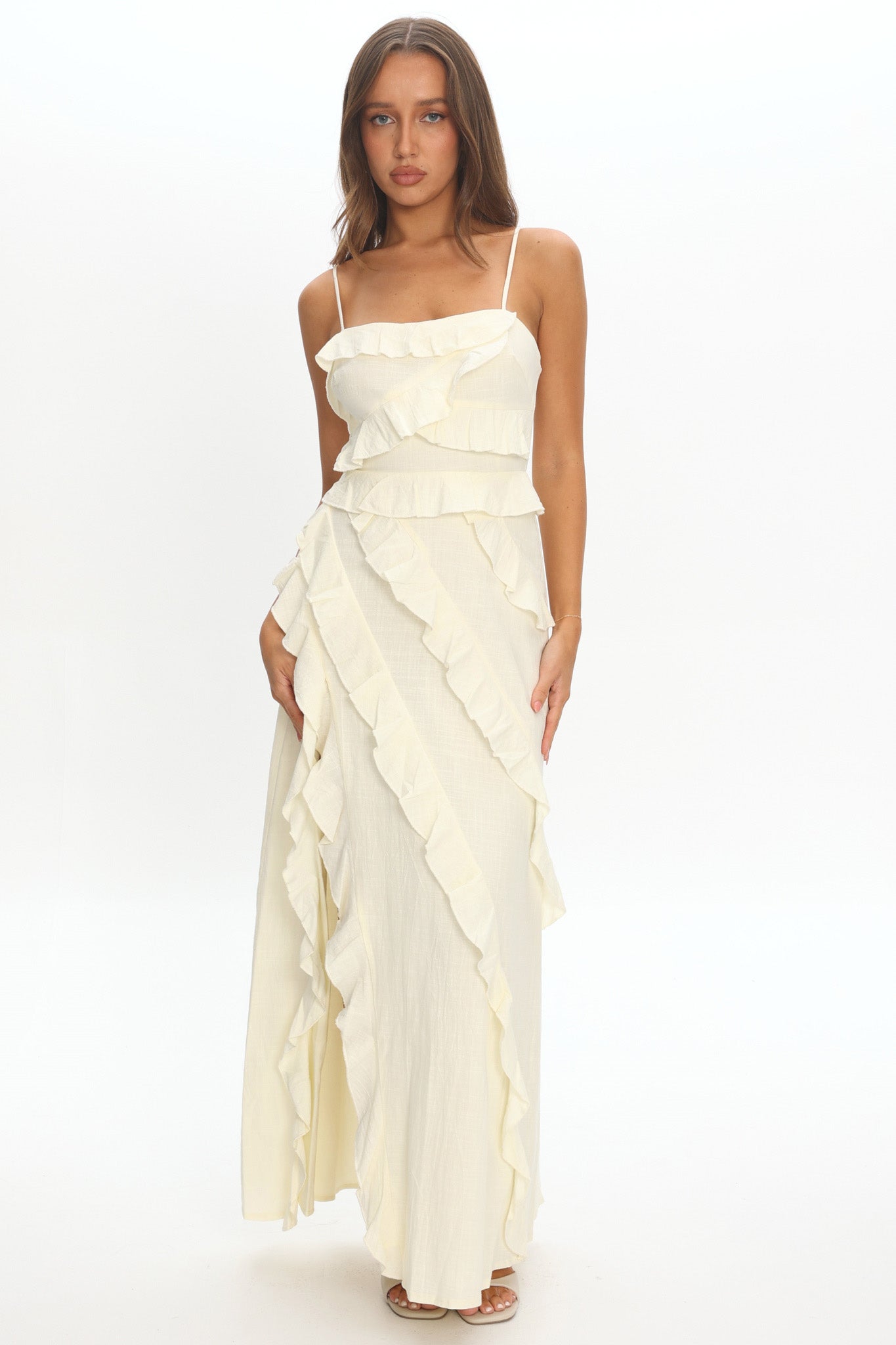 Arrabel Ruffle Split Maxi Dress Ivory by Selfie Leslie Australia