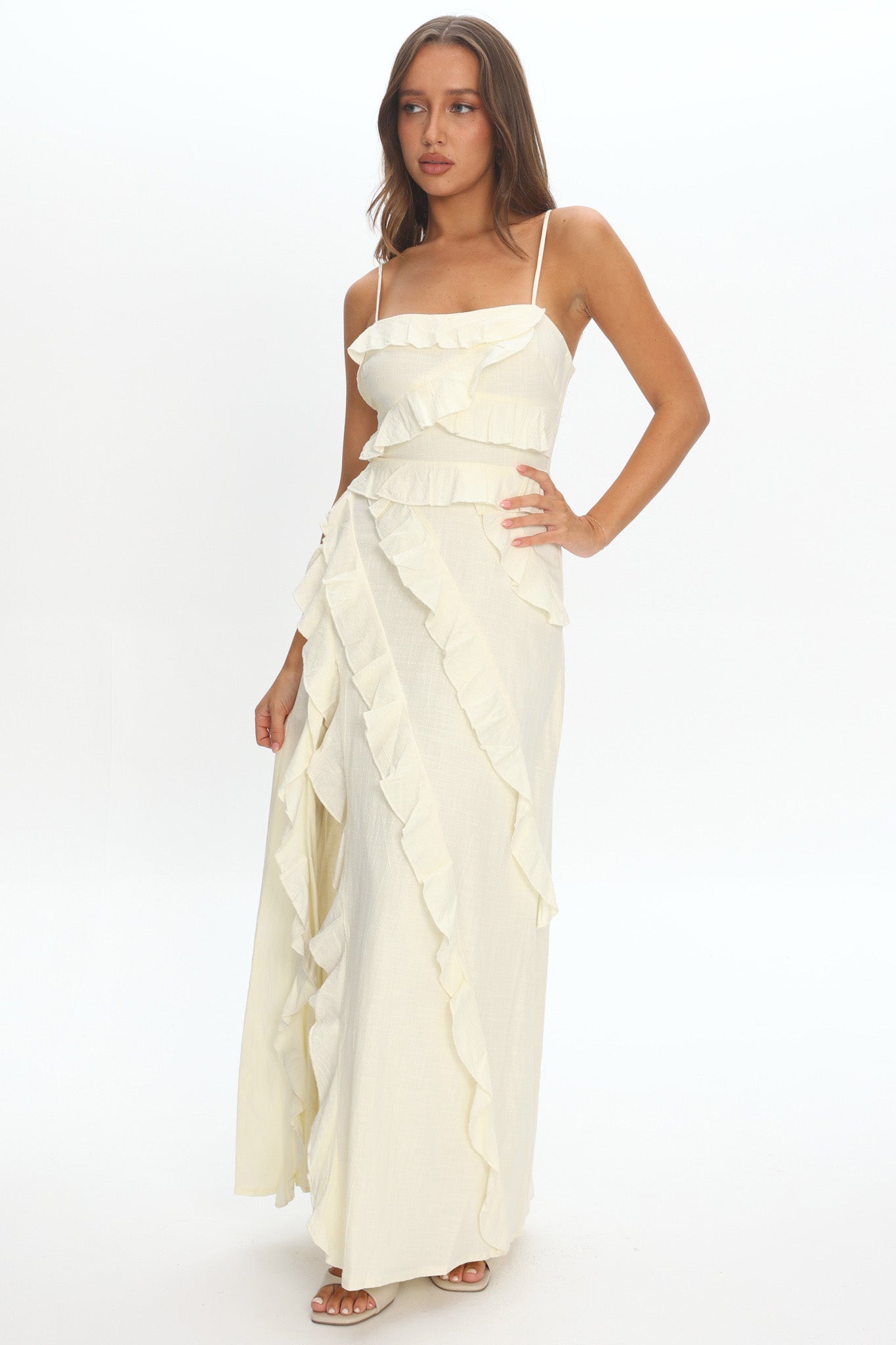 Arrabel Ruffle Split Maxi Dress Ivory by Selfie Leslie Australia