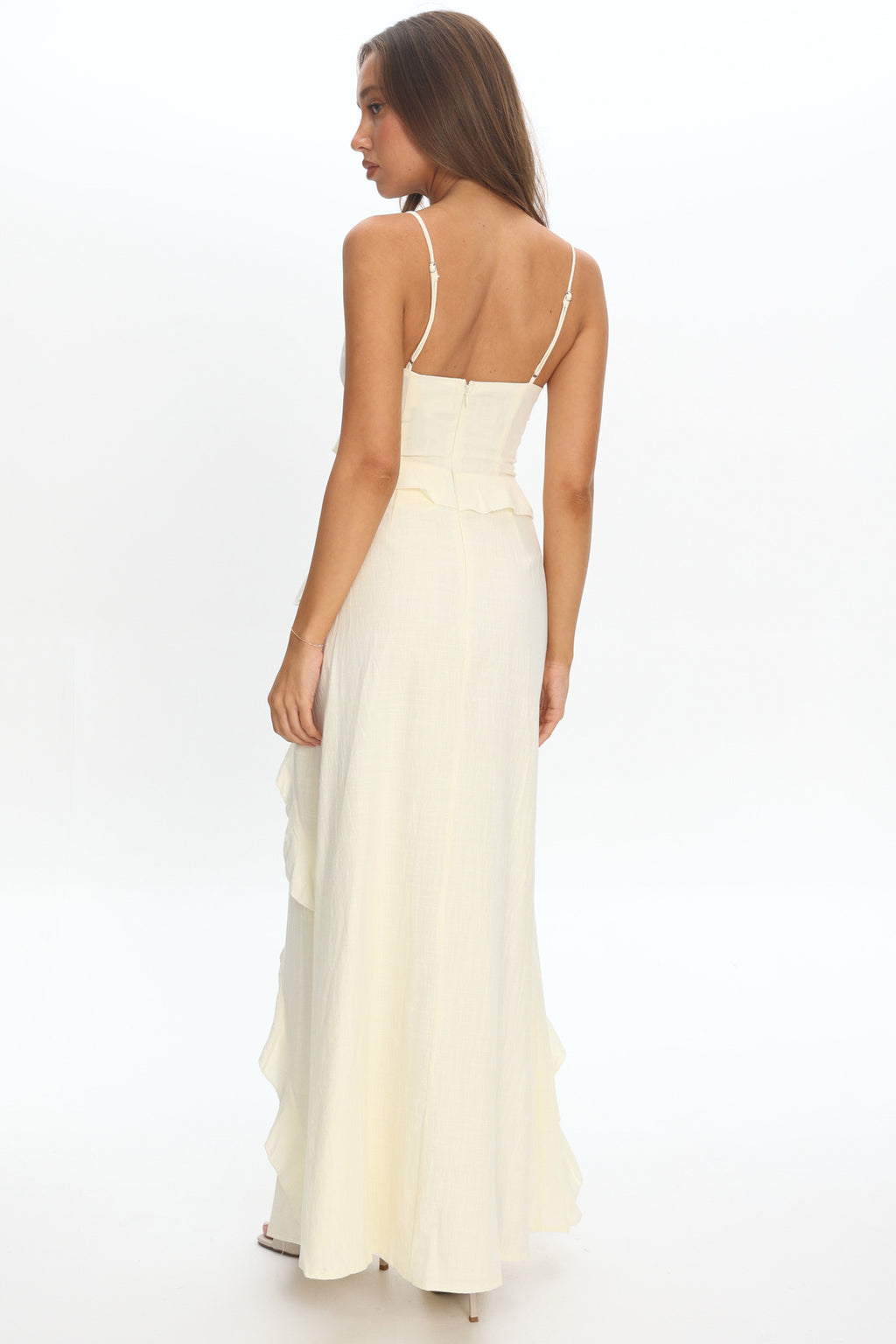 Arrabel Ruffle Split Maxi Dress Ivory by Selfie Leslie Australia