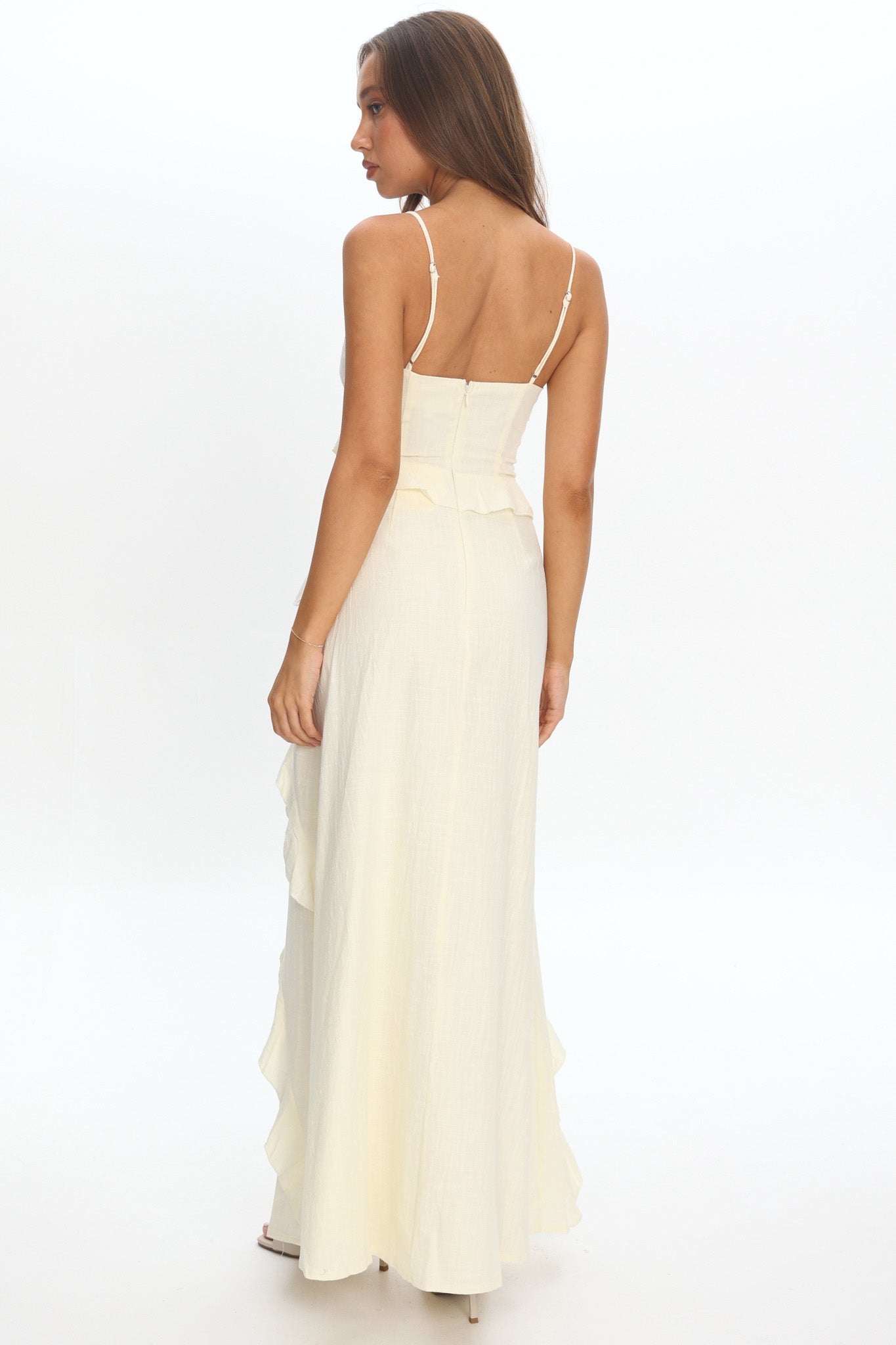 Arrabel Ruffle Split Maxi Dress Ivory by Selfie Leslie Australia