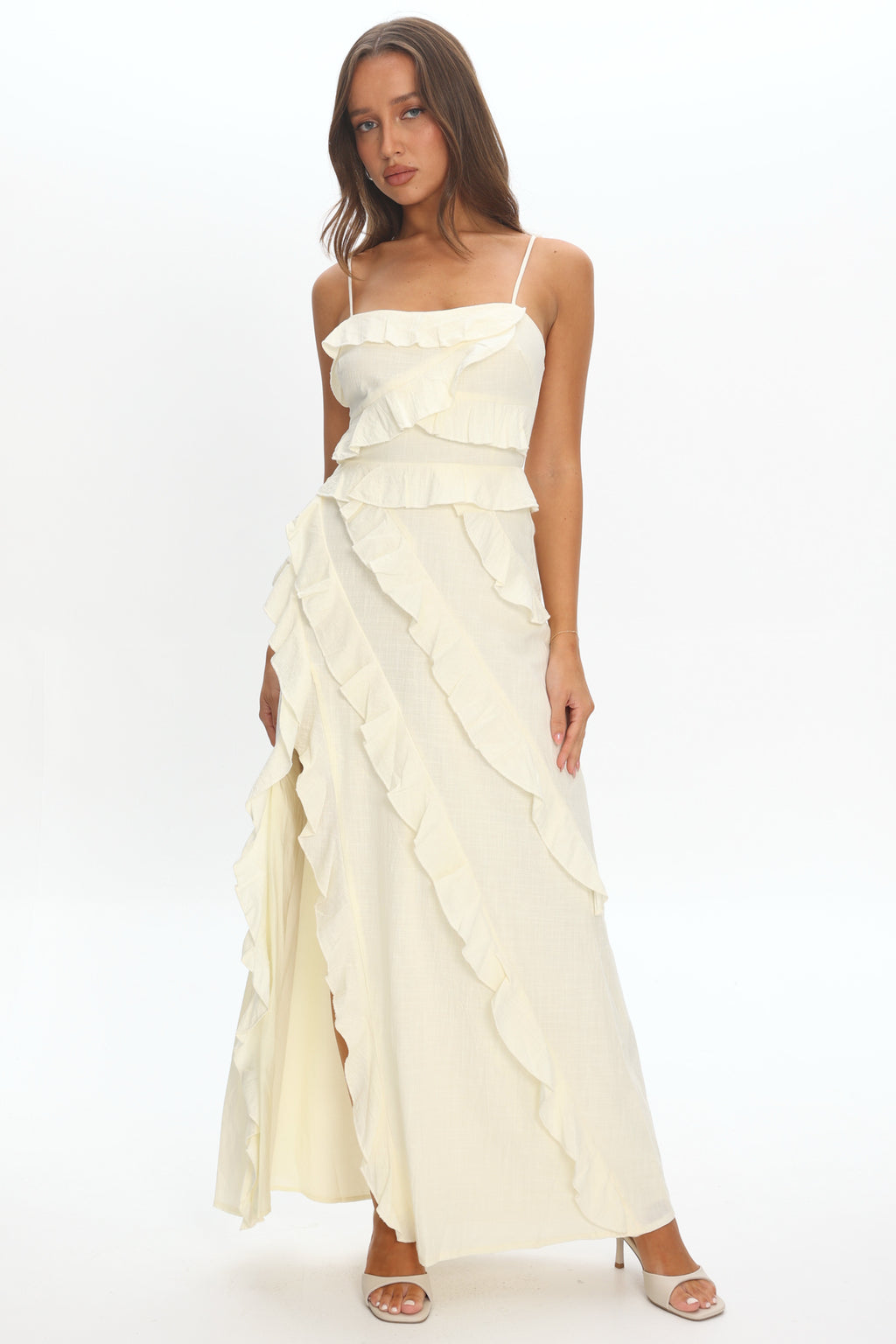 Arrabel Ruffle Split Maxi Dress Ivory by Selfie Leslie Australia