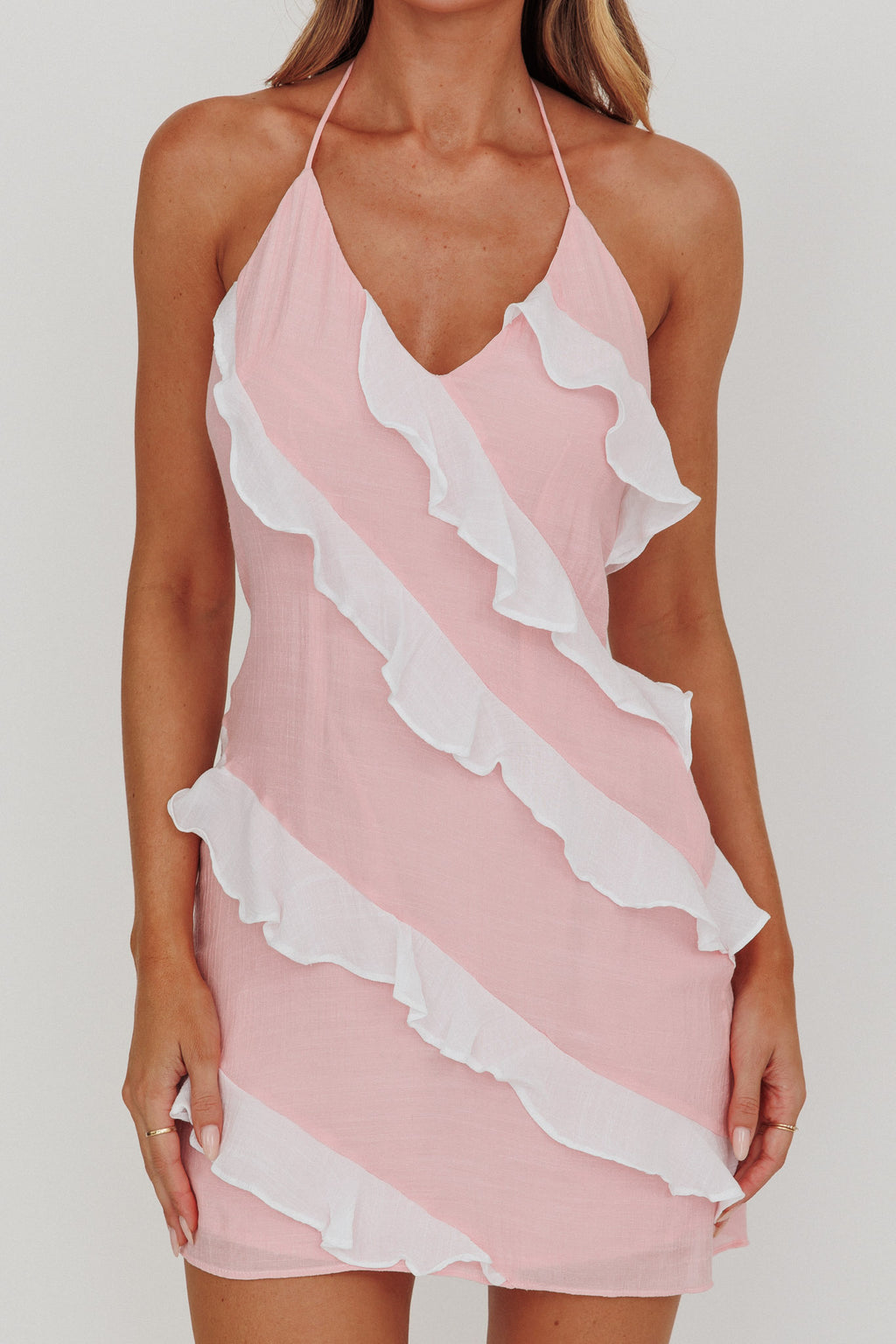 Arrabel Halterneck Contrast Ruffle Mini Dress Pink by Selfie Leslie Australia