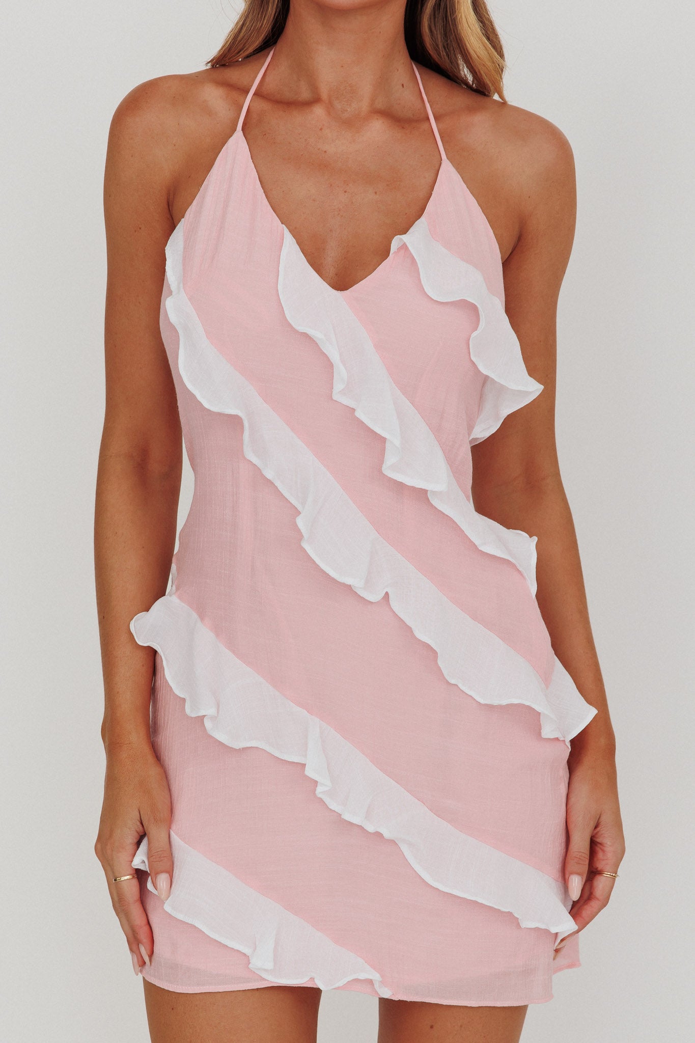 Arrabel Halterneck Contrast Ruffle Mini Dress Pink by Selfie Leslie Australia