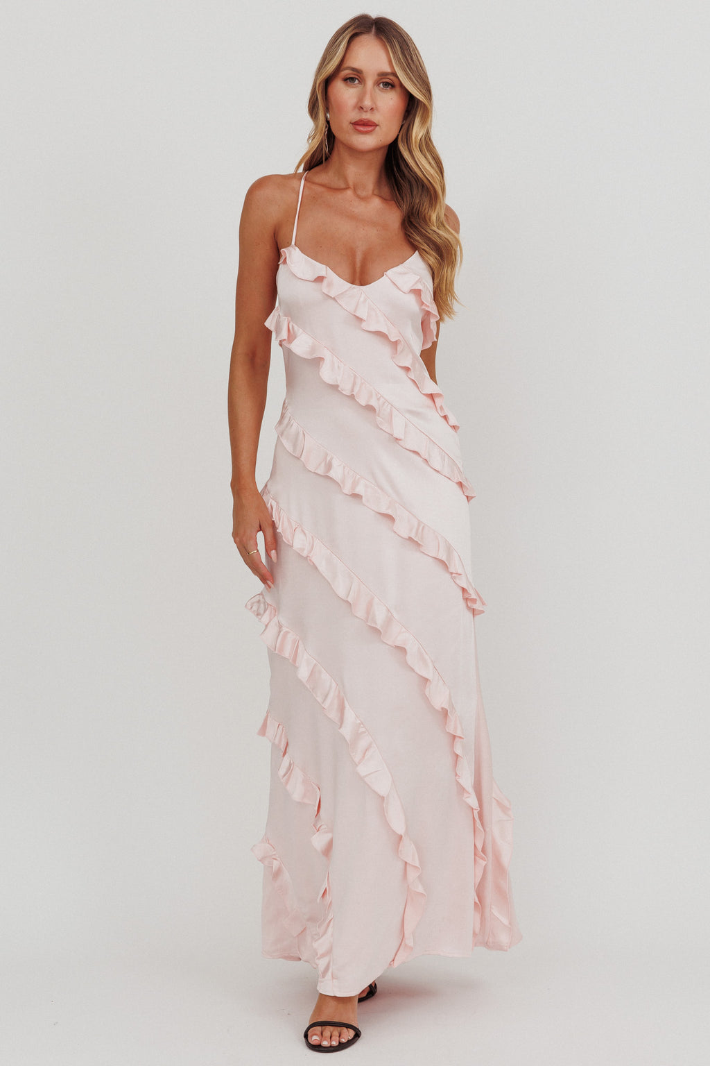 Arrabel Ruffle Trim Maxi Dress Blush by Selfie Leslie Australia