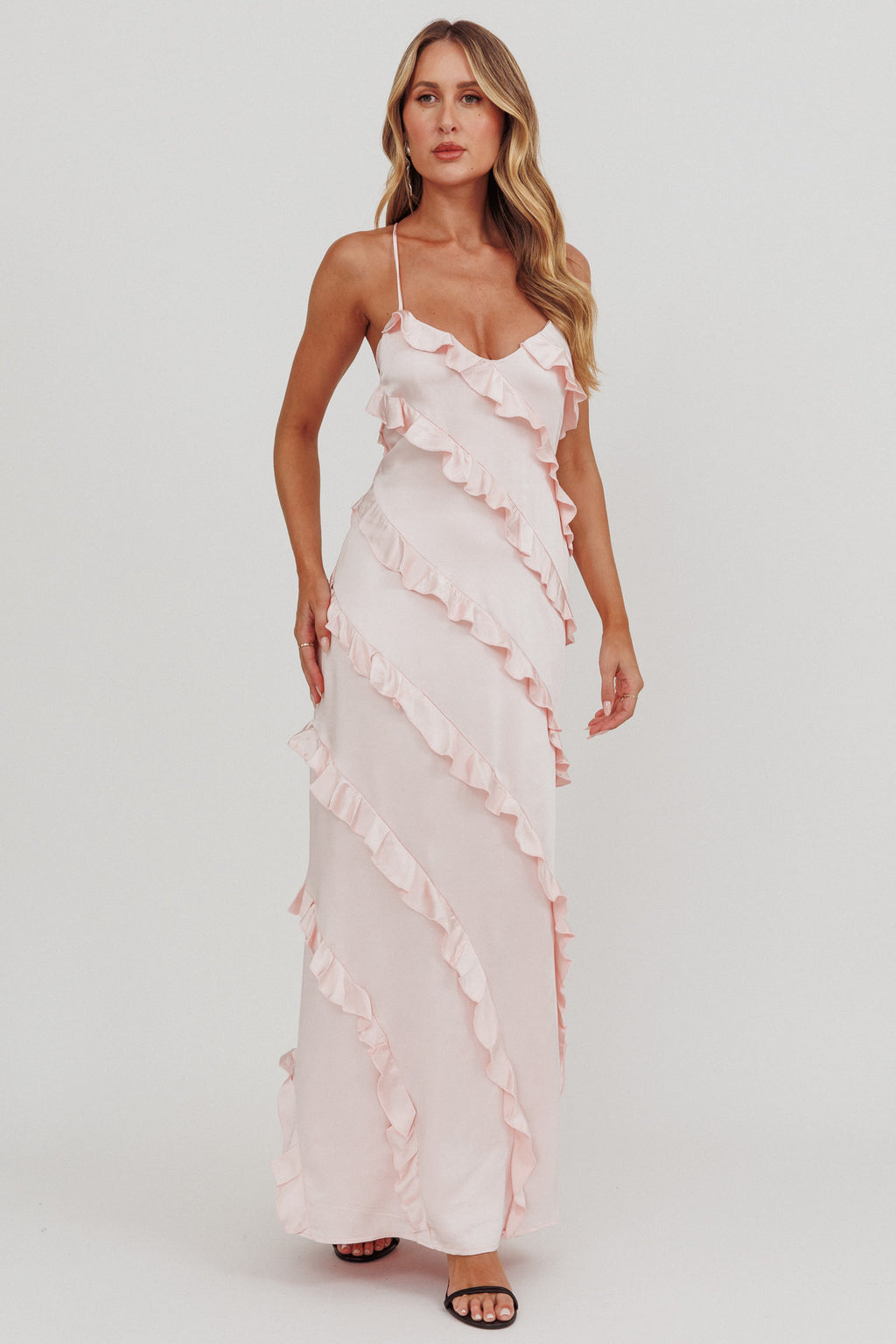 Arrabel Ruffle Trim Maxi Dress Blush by Selfie Leslie Australia