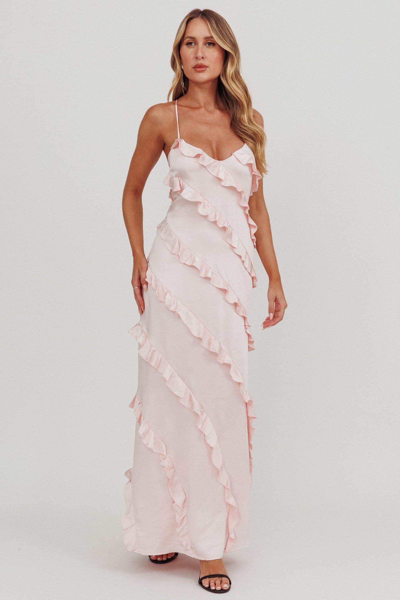 Arrabel Ruffle Trim Maxi Dress Blush by Selfie Leslie Australia
