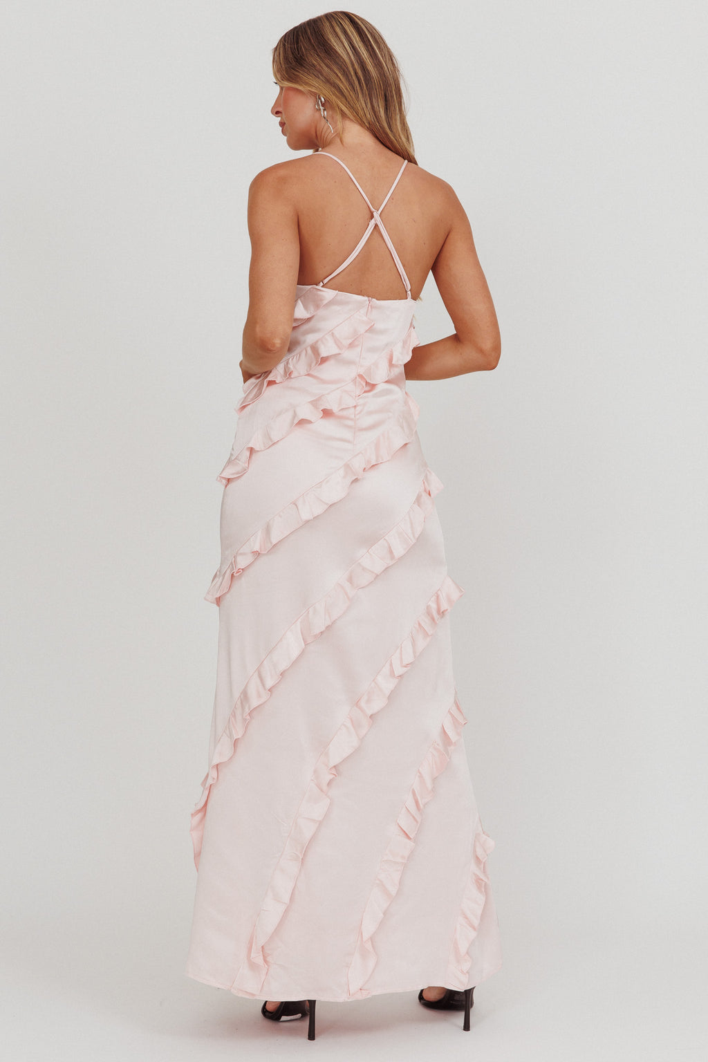 Arrabel Ruffle Trim Maxi Dress Blush by Selfie Leslie Australia