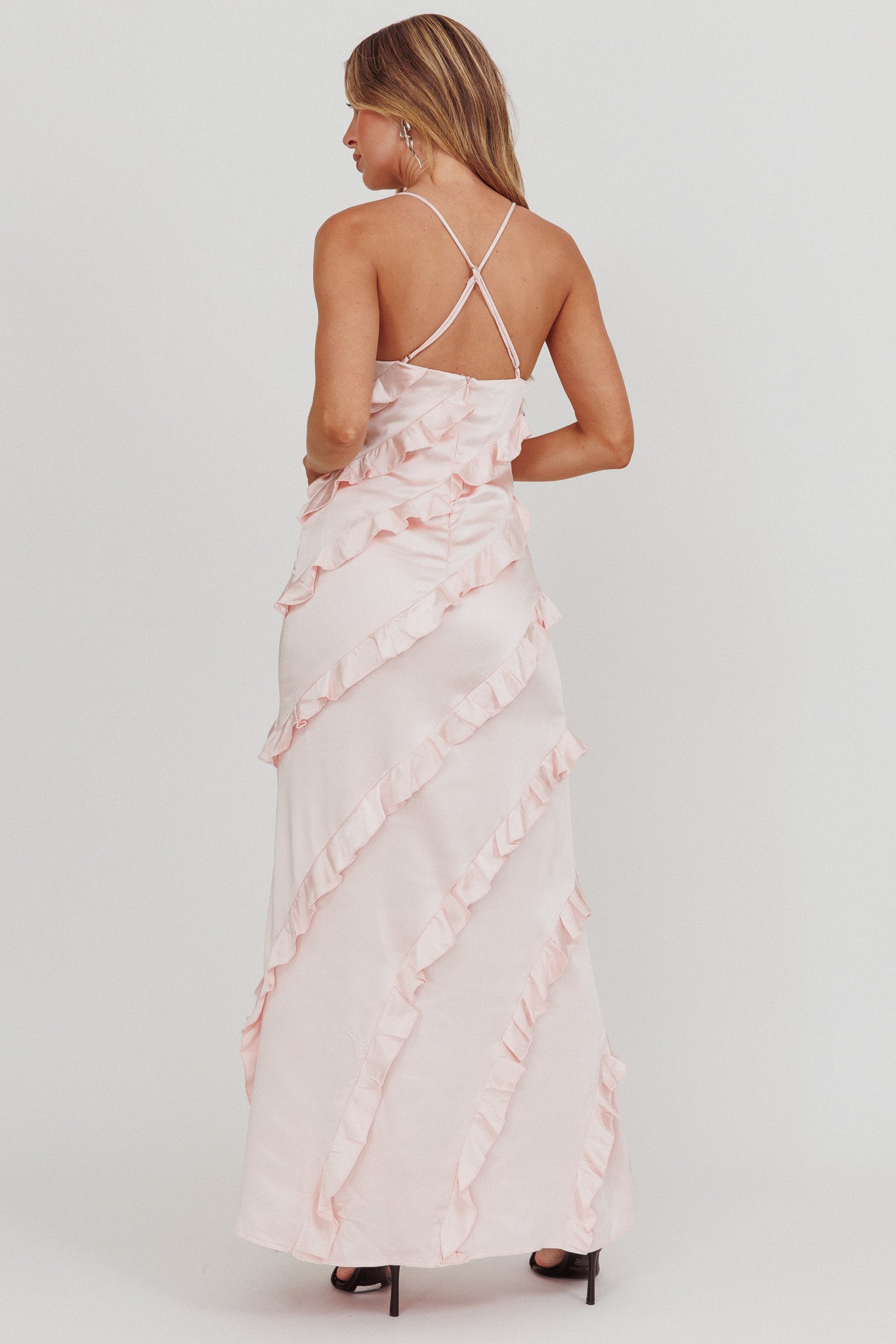 Arrabel Ruffle Trim Maxi Dress Blush by Selfie Leslie Australia