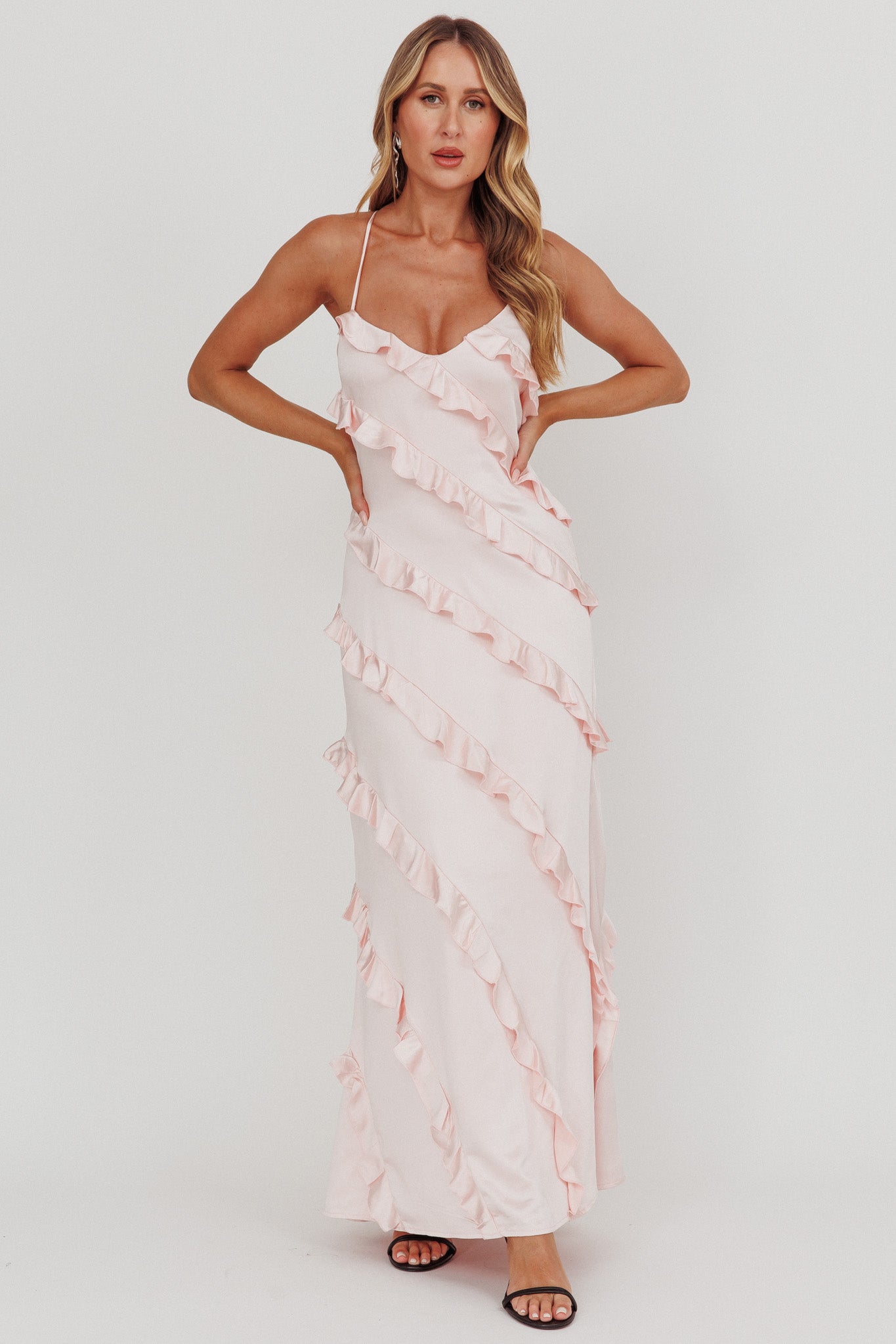 Arrabel Ruffle Trim Maxi Dress Blush by Selfie Leslie Australia