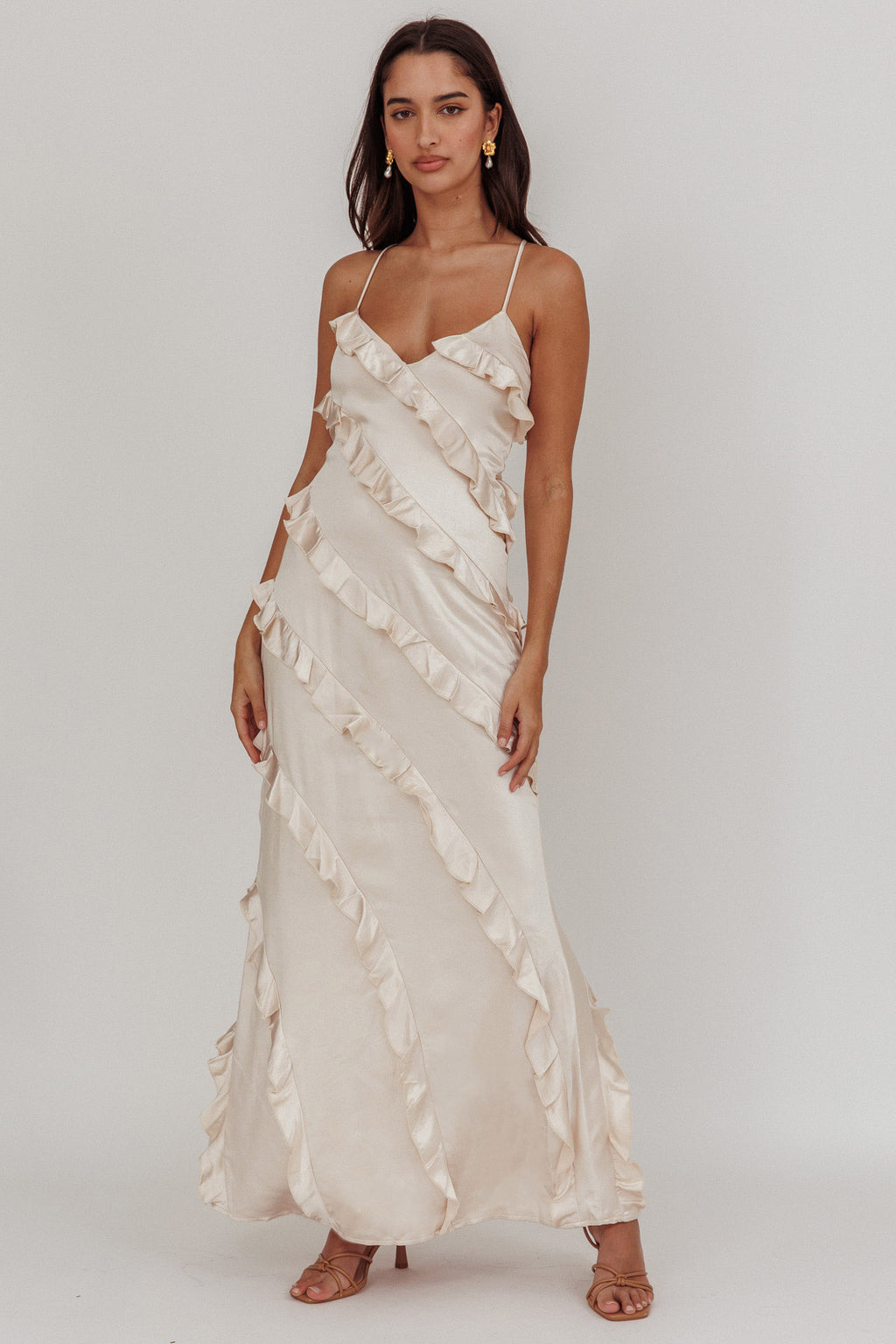 Arrabel Ruffle Trim Maxi Dress Champagne by Selfie Leslie Australia