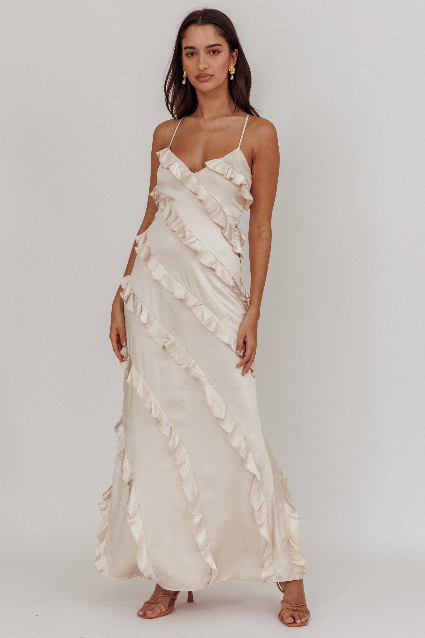 Arrabel Ruffle Trim Maxi Dress Champagne by Selfie Leslie Australia