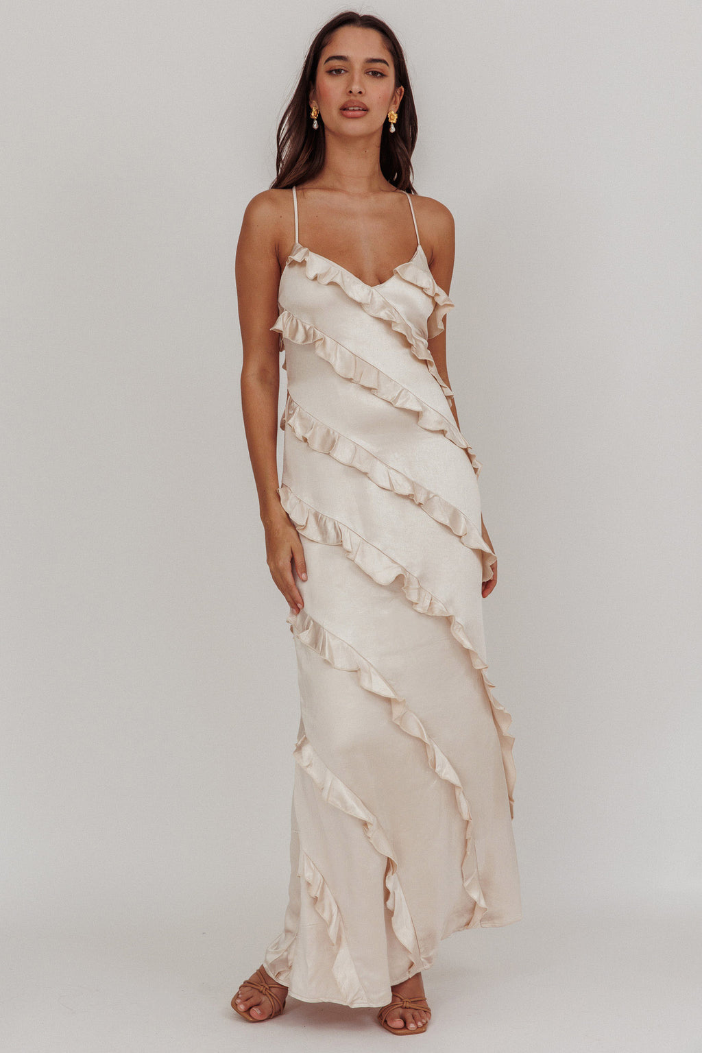 Arrabel Ruffle Trim Maxi Dress Champagne by Selfie Leslie Australia