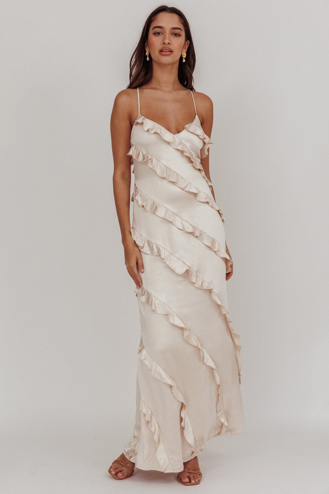 Arrabel Ruffle Trim Maxi Dress Champagne by Selfie Leslie Australia