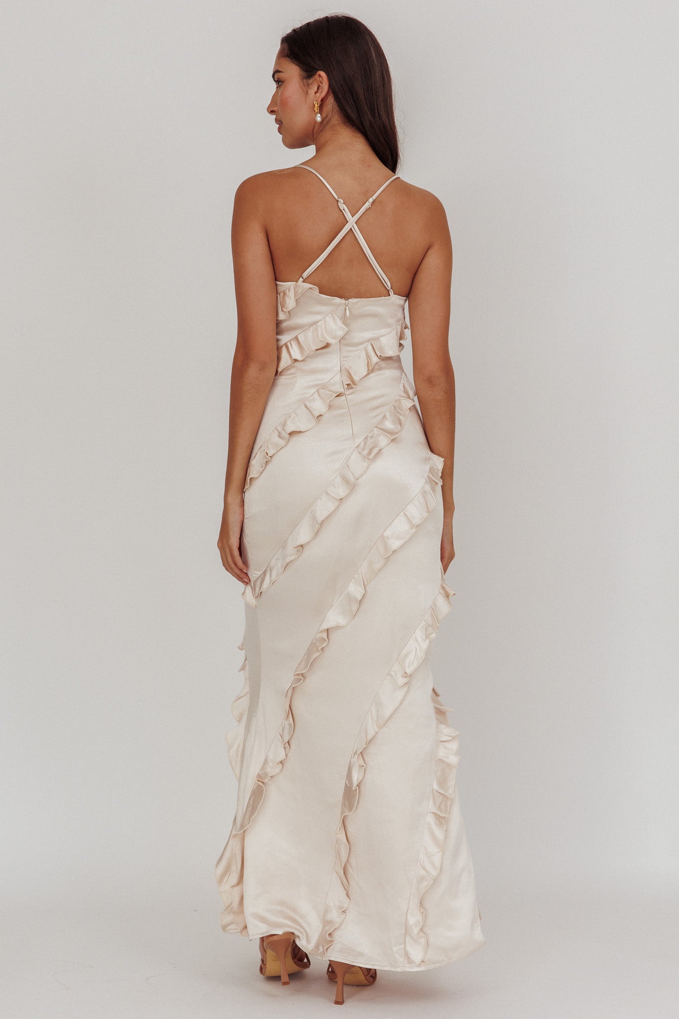 Arrabel Ruffle Trim Maxi Dress Champagne by Selfie Leslie Australia