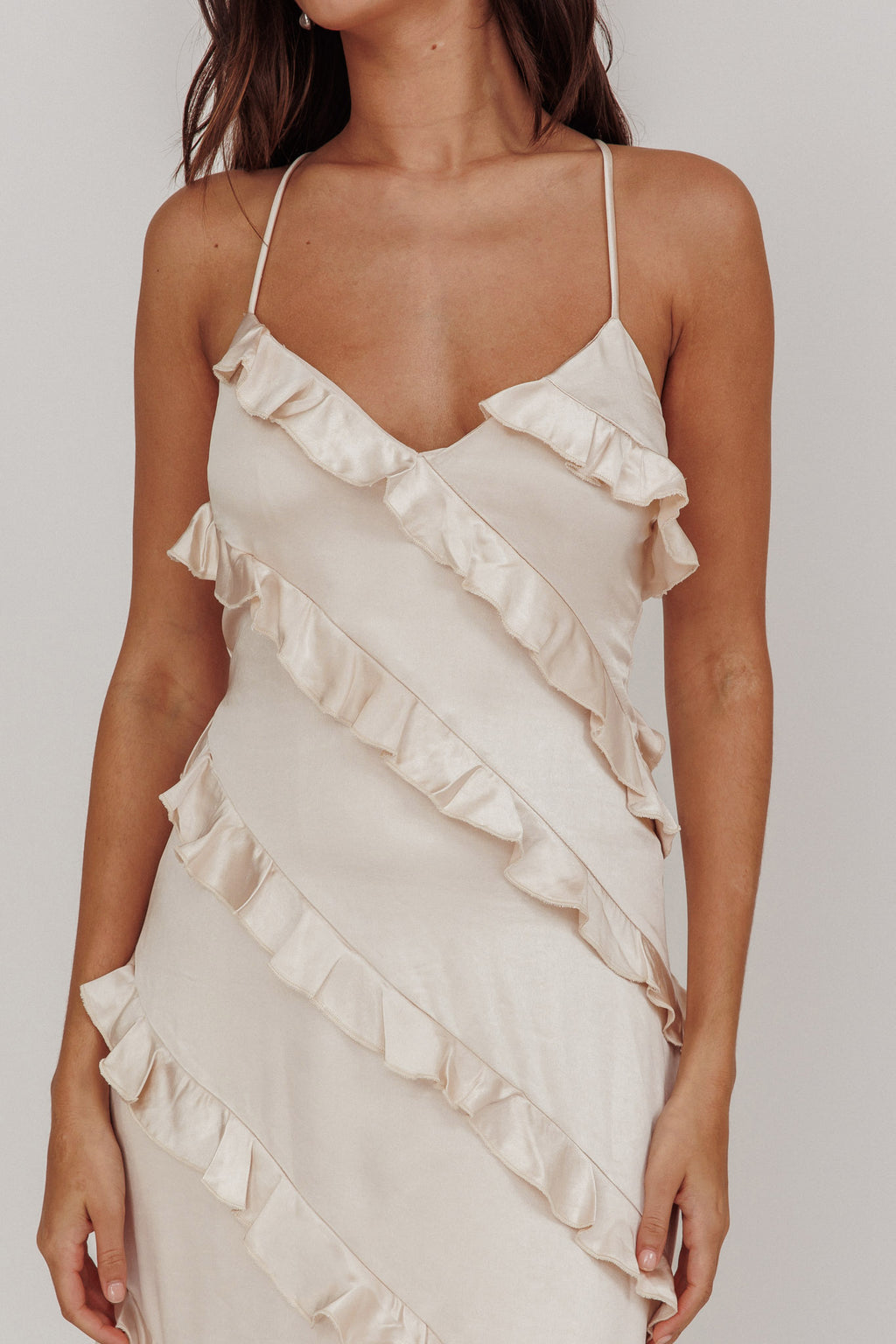 Arrabel Ruffle Trim Maxi Dress Champagne by Selfie Leslie Australia