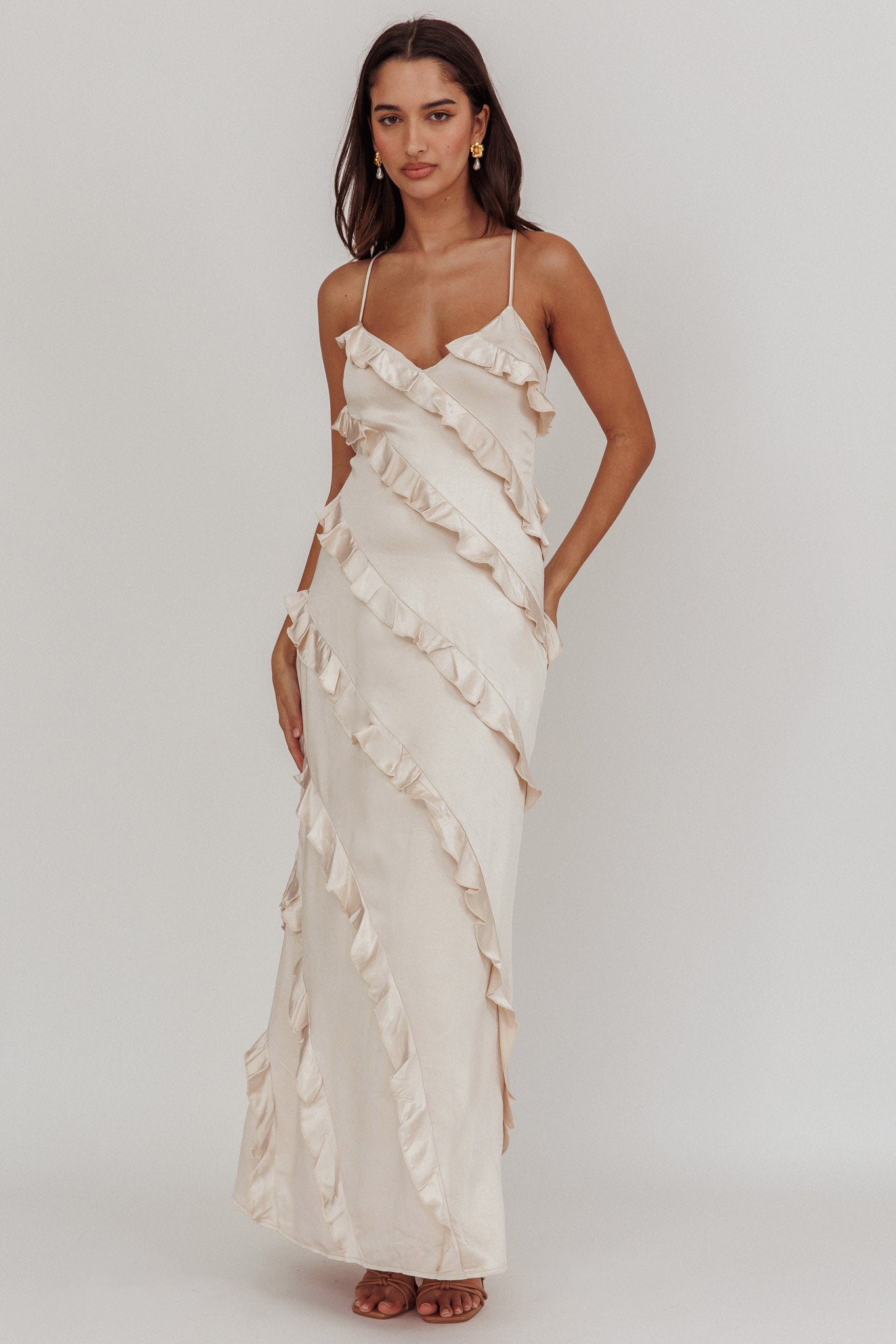 Arrabel Ruffle Trim Maxi Dress Champagne by Selfie Leslie Australia