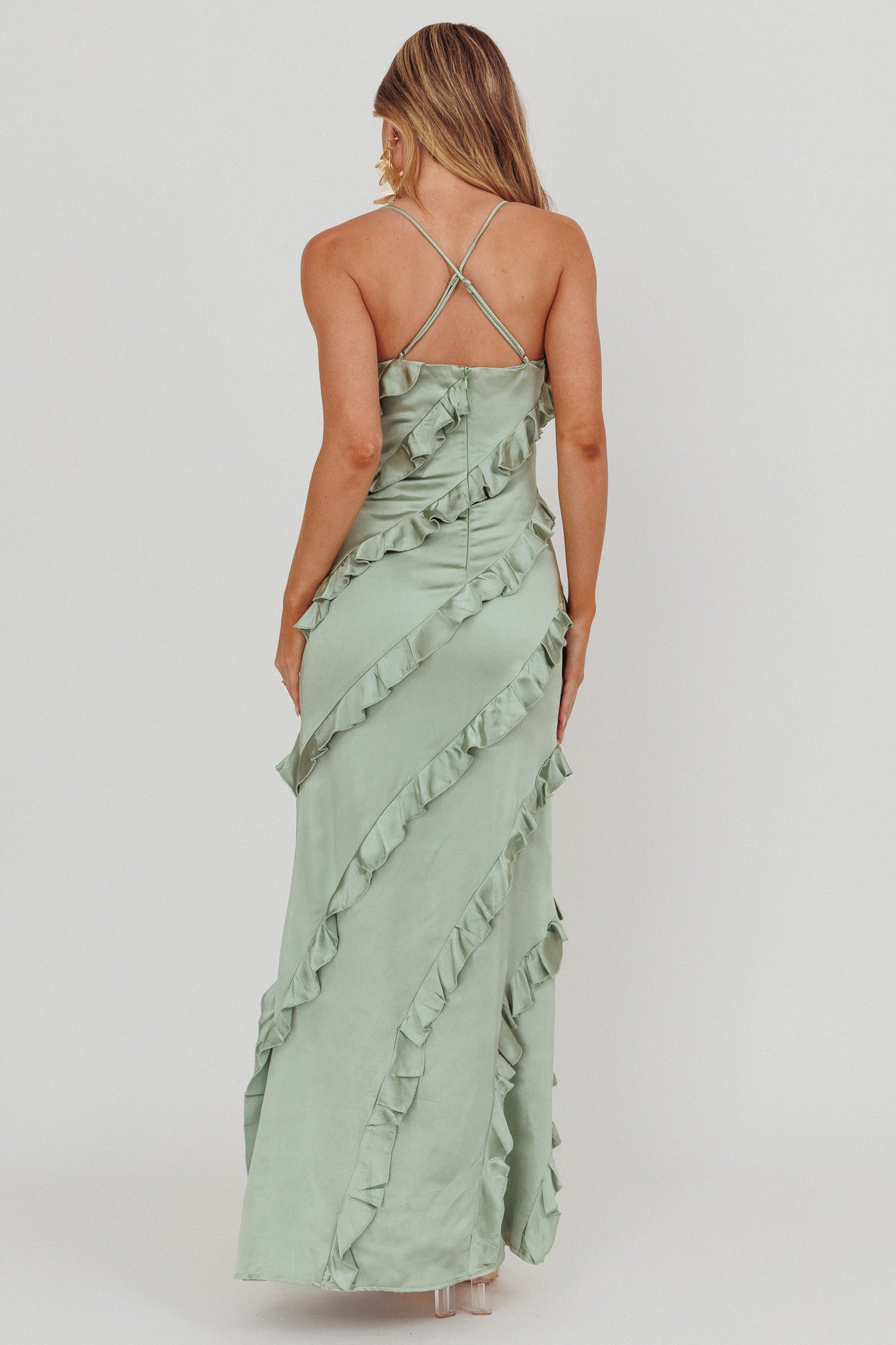 Arrabel Ruffle Trim Maxi Dress Sage by Selfie Leslie Australia