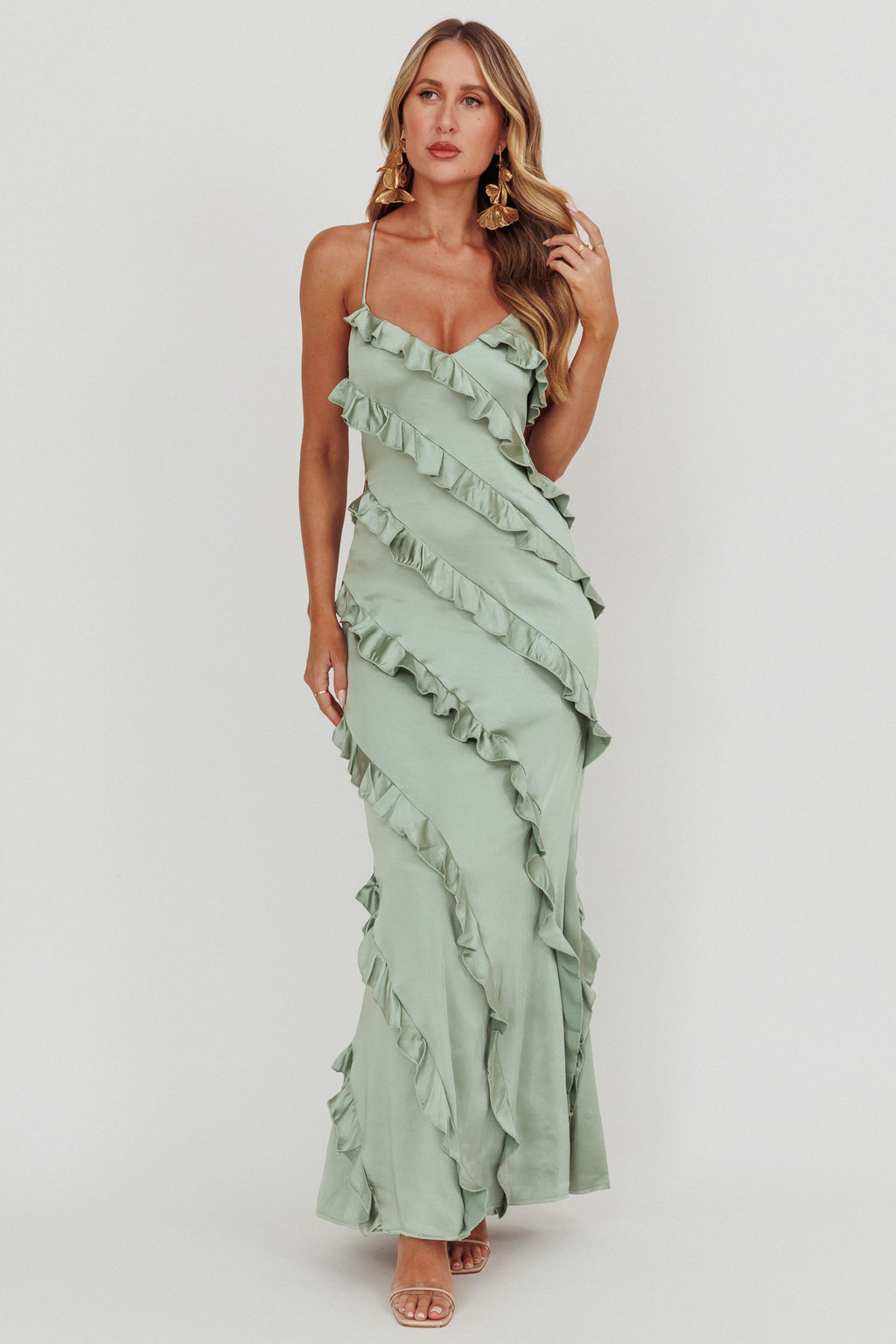 Arrabel Ruffle Trim Maxi Dress Sage by Selfie Leslie Australia