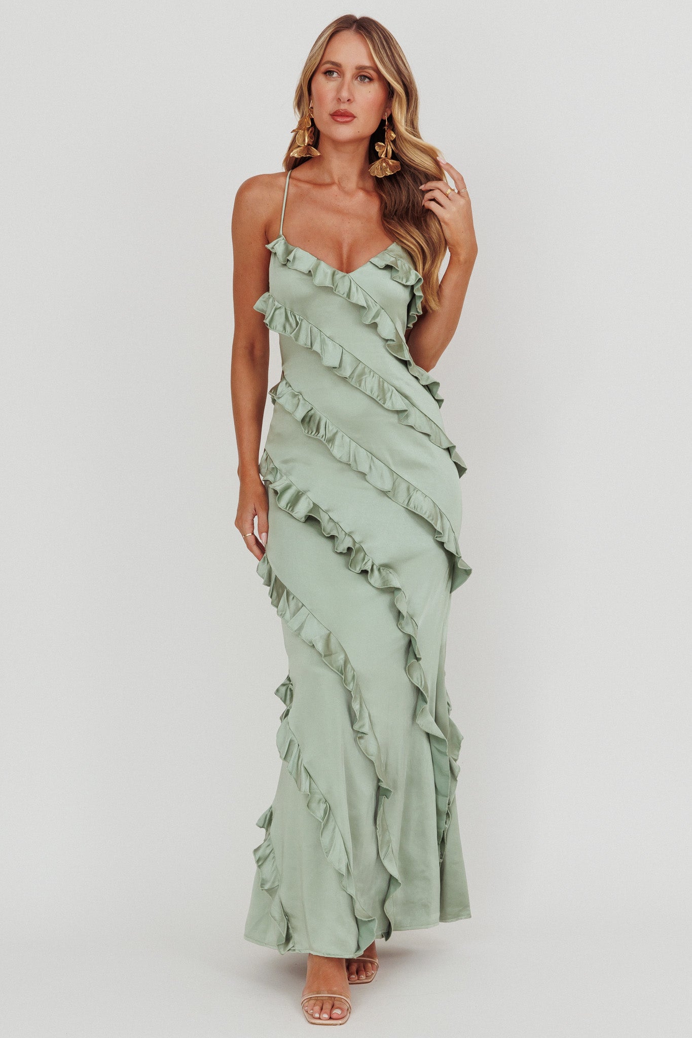 Arrabel Ruffle Trim Maxi Dress Sage by Selfie Leslie Australia