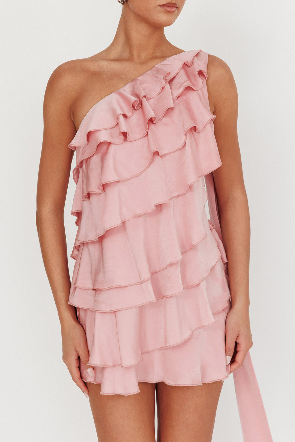 Arrabel Tiered Ruffle One Shoulder Mini Dress Pink by Selfie Leslie Australia