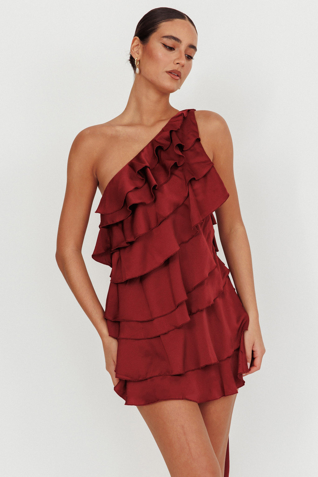 Arrabel Tiered Ruffle One Shoulder Mini Dress Wine by Selfie Leslie Australia