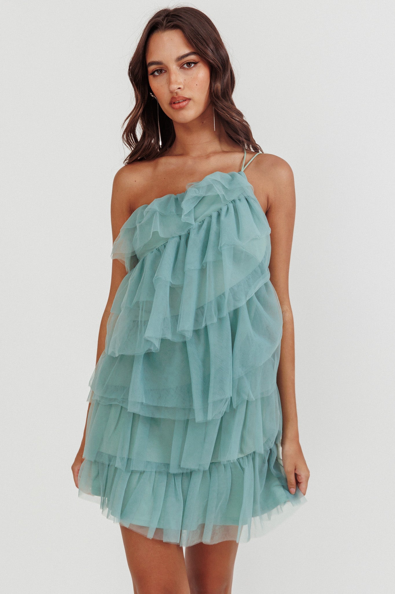 Arrabel Tiered Ruffle Mesh Mini Dress Sage by Selfie Leslie Australia