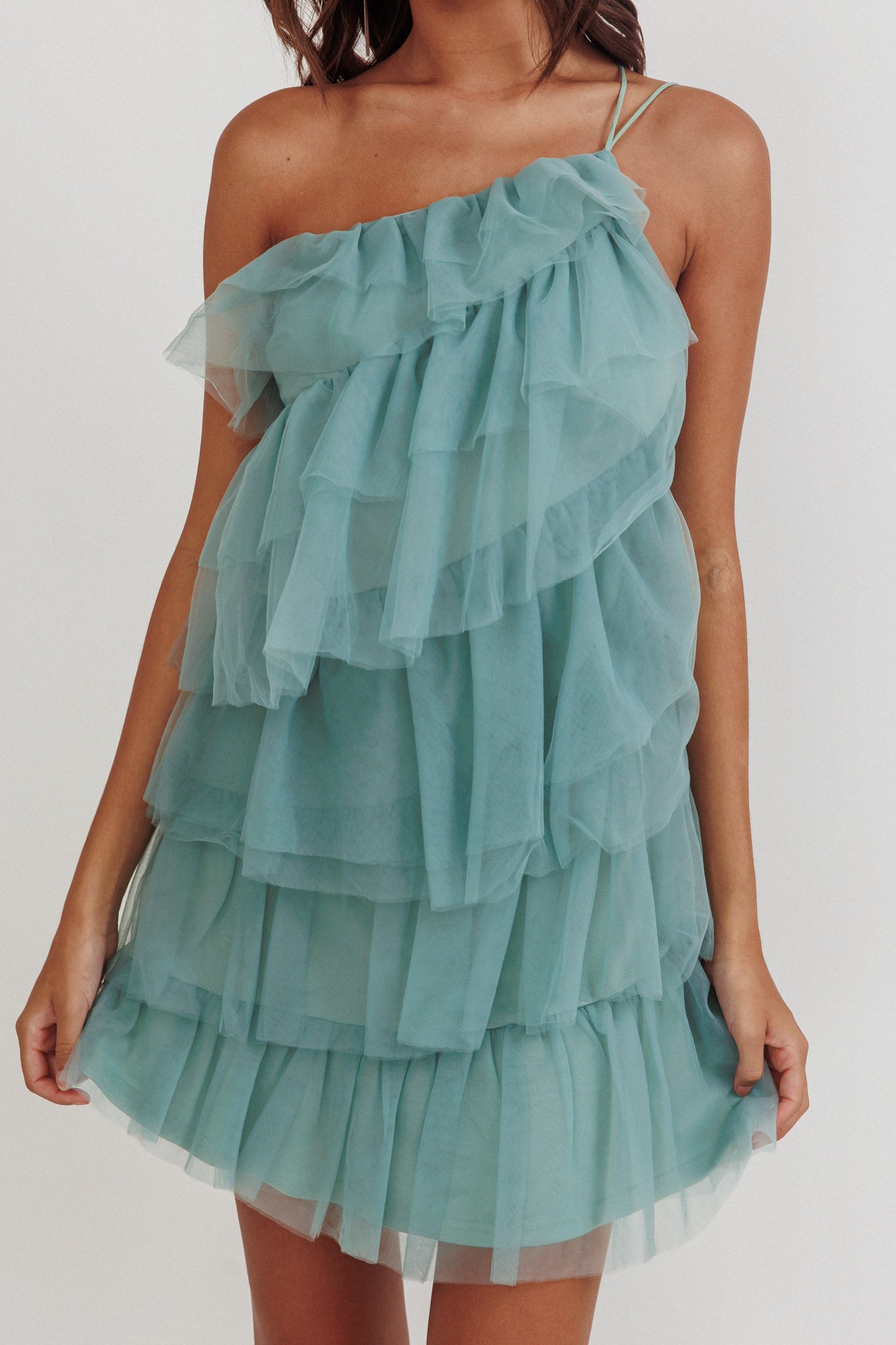 Arrabel Tiered Ruffle Mesh Mini Dress Sage by Selfie Leslie Australia