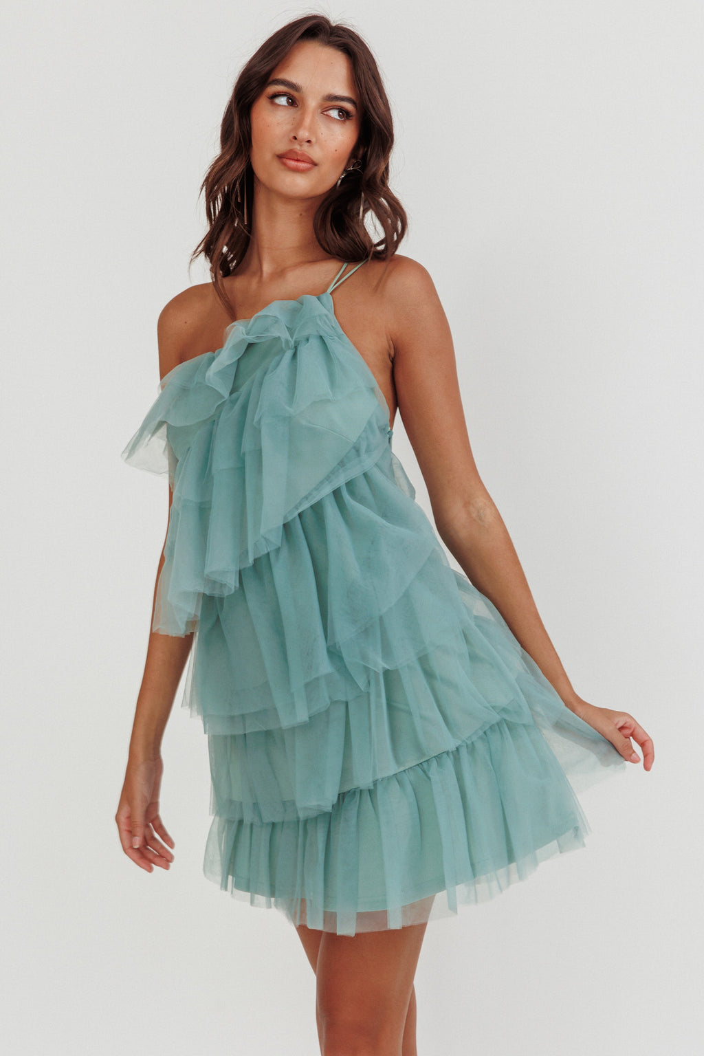 Arrabel Tiered Ruffle Mesh Mini Dress Sage by Selfie Leslie Australia
