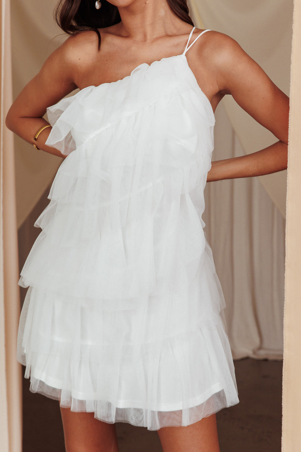 Arrabel Tiered Ruffle Mesh Mini Dress White by Selfie Leslie Australia