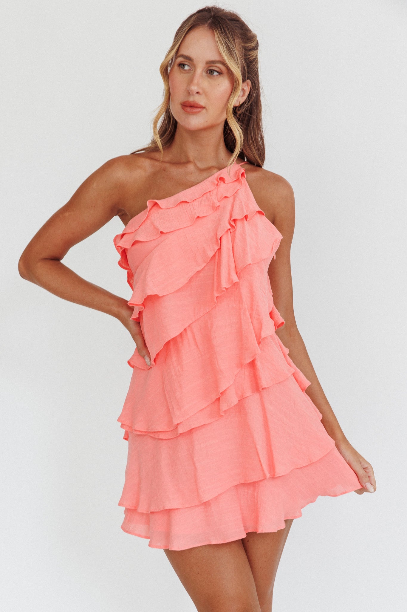Arrabel Tiered Ruffle Mini Dress Peach by Selfie Leslie Australia