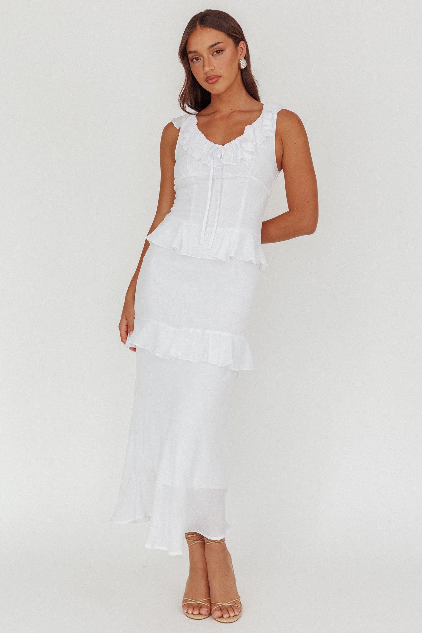 Arrabel Ruffle Trim Bust Tie Maxi Dress White by Selfie Leslie Australia