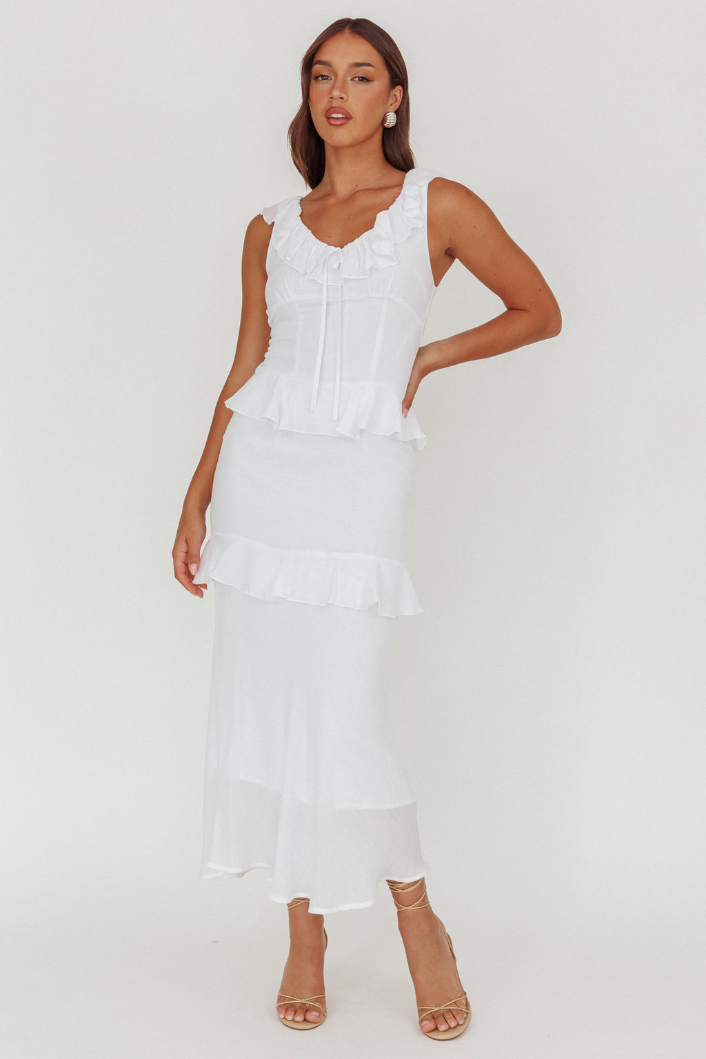 Arrabel Ruffle Trim Bust Tie Maxi Dress White by Selfie Leslie Australia