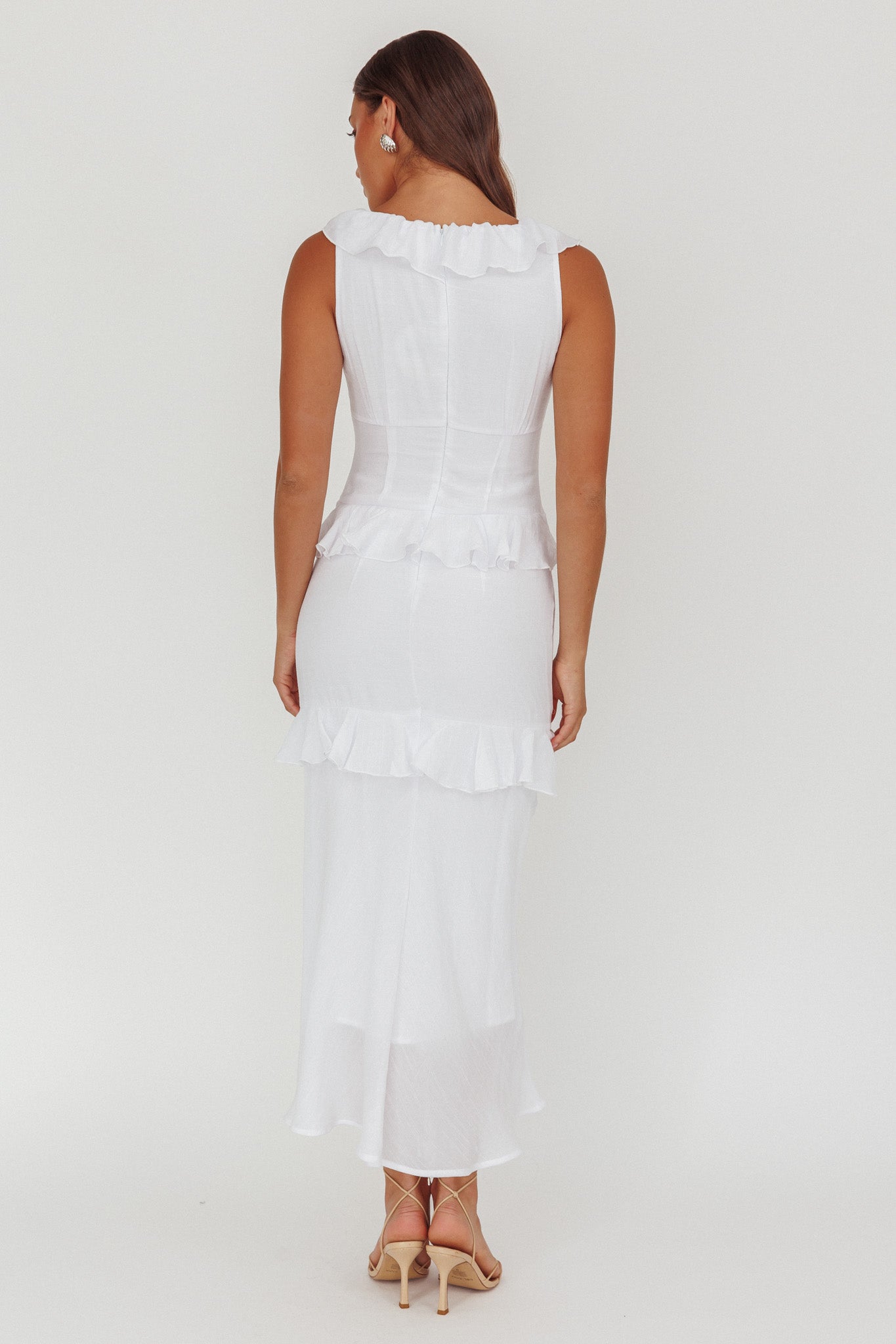 Arrabel Ruffle Trim Bust Tie Maxi Dress White by Selfie Leslie Australia