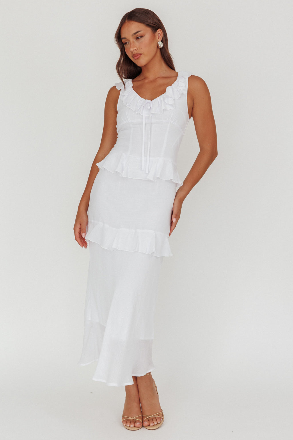 Arrabel Ruffle Trim Bust Tie Maxi Dress White by Selfie Leslie Australia