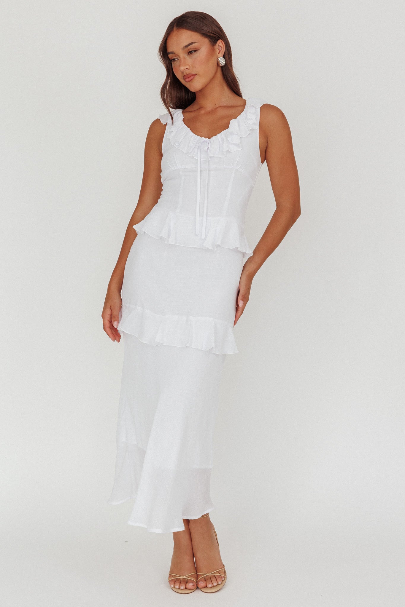 Arrabel Ruffle Trim Bust Tie Maxi Dress White by Selfie Leslie Australia