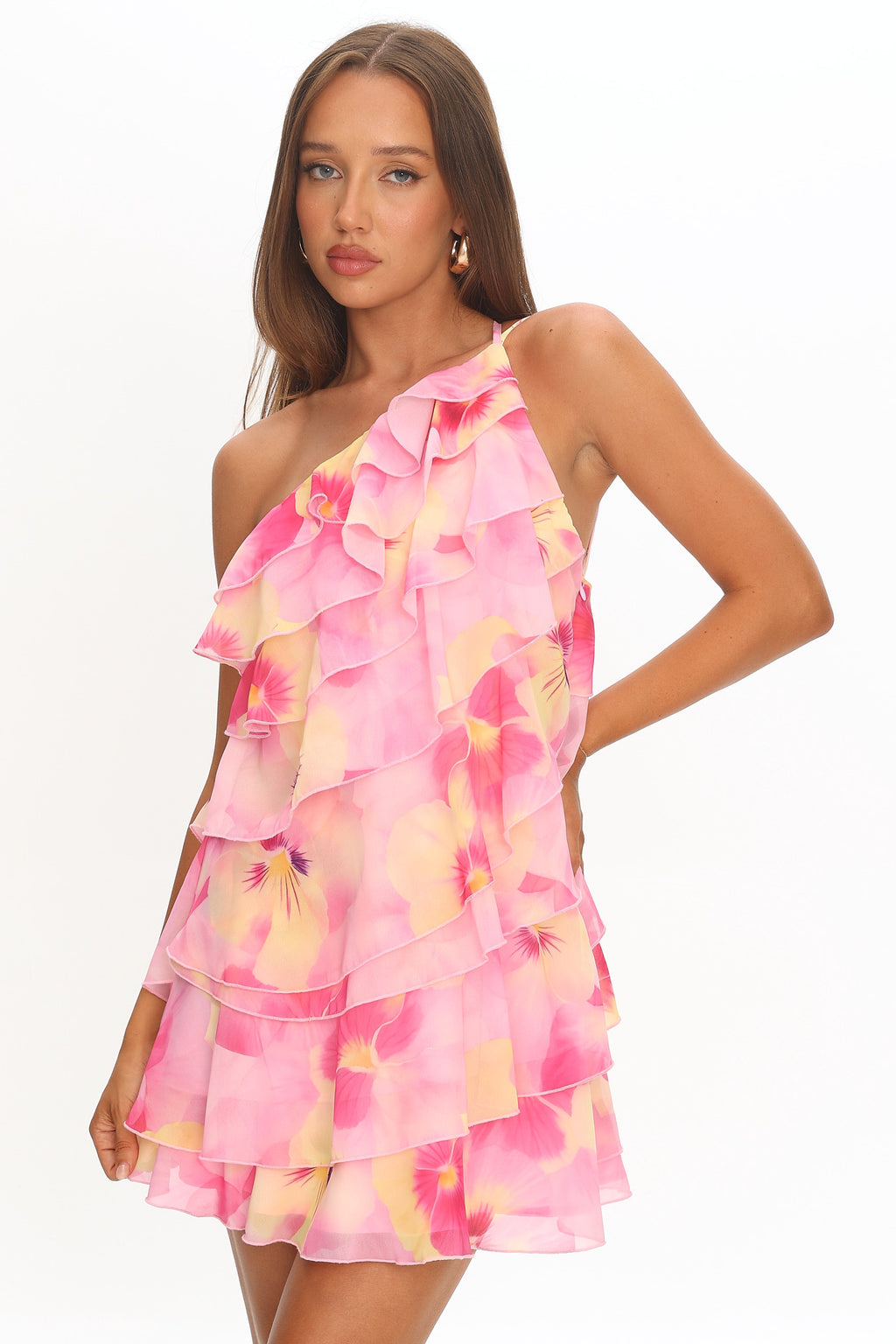 Arrabel Ruffle Trim One-Shoulder Mini Dress Floral Pink by Selfie Leslie Australia