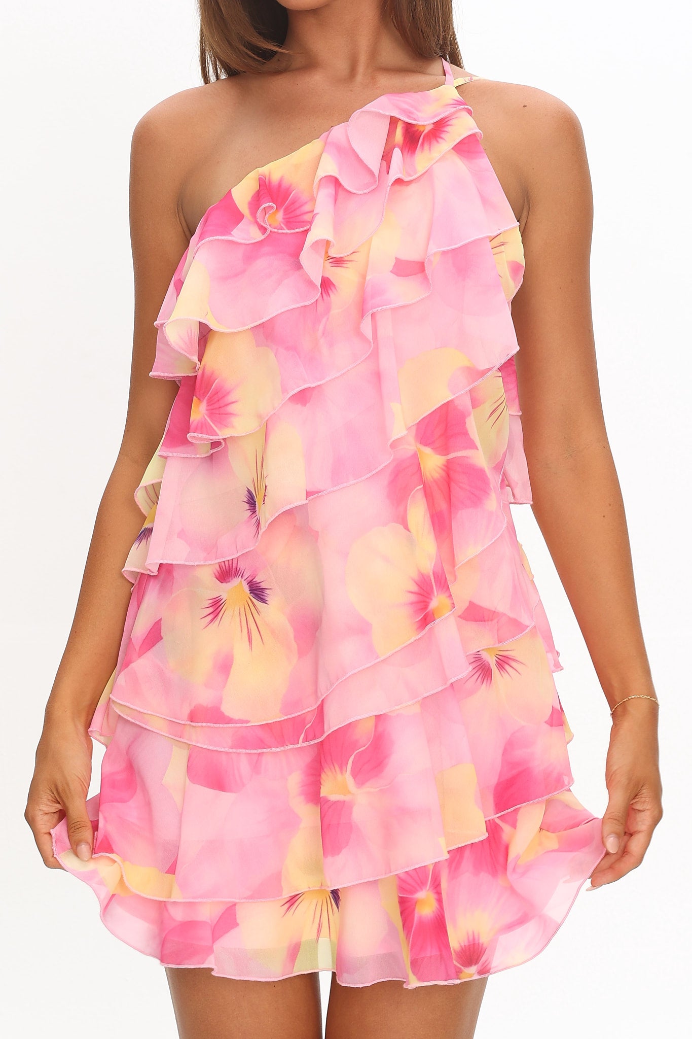 Arrabel Ruffle Trim One-Shoulder Mini Dress Floral Pink by Selfie Leslie Australia