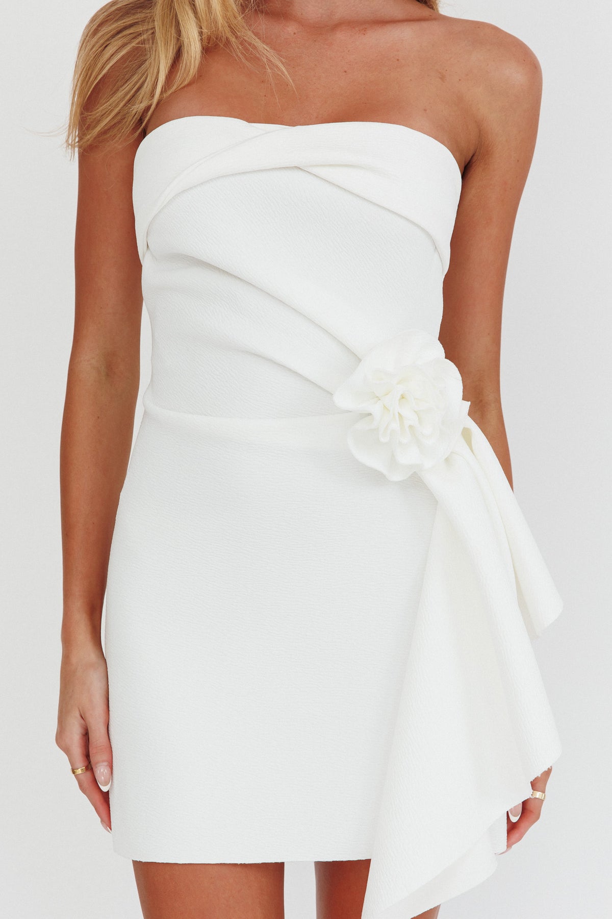 Sasha Cascade Ruffle Rosette Midi Dress White