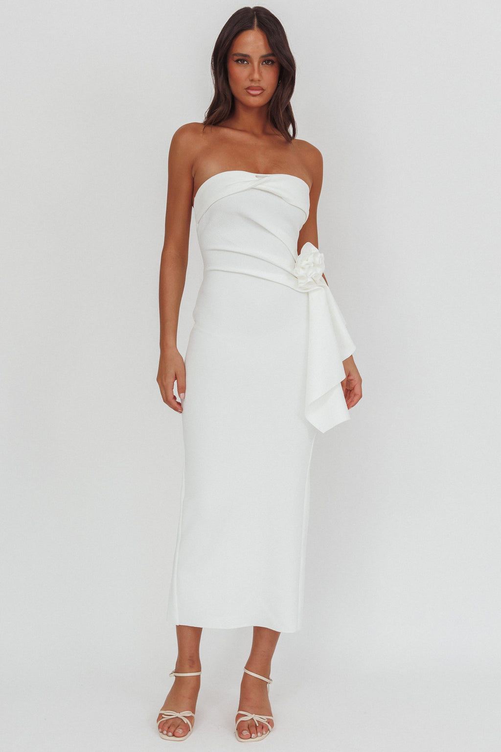 Sasha Cascade Ruffle Rosette Midi Dress White by Selfie Leslie Australia