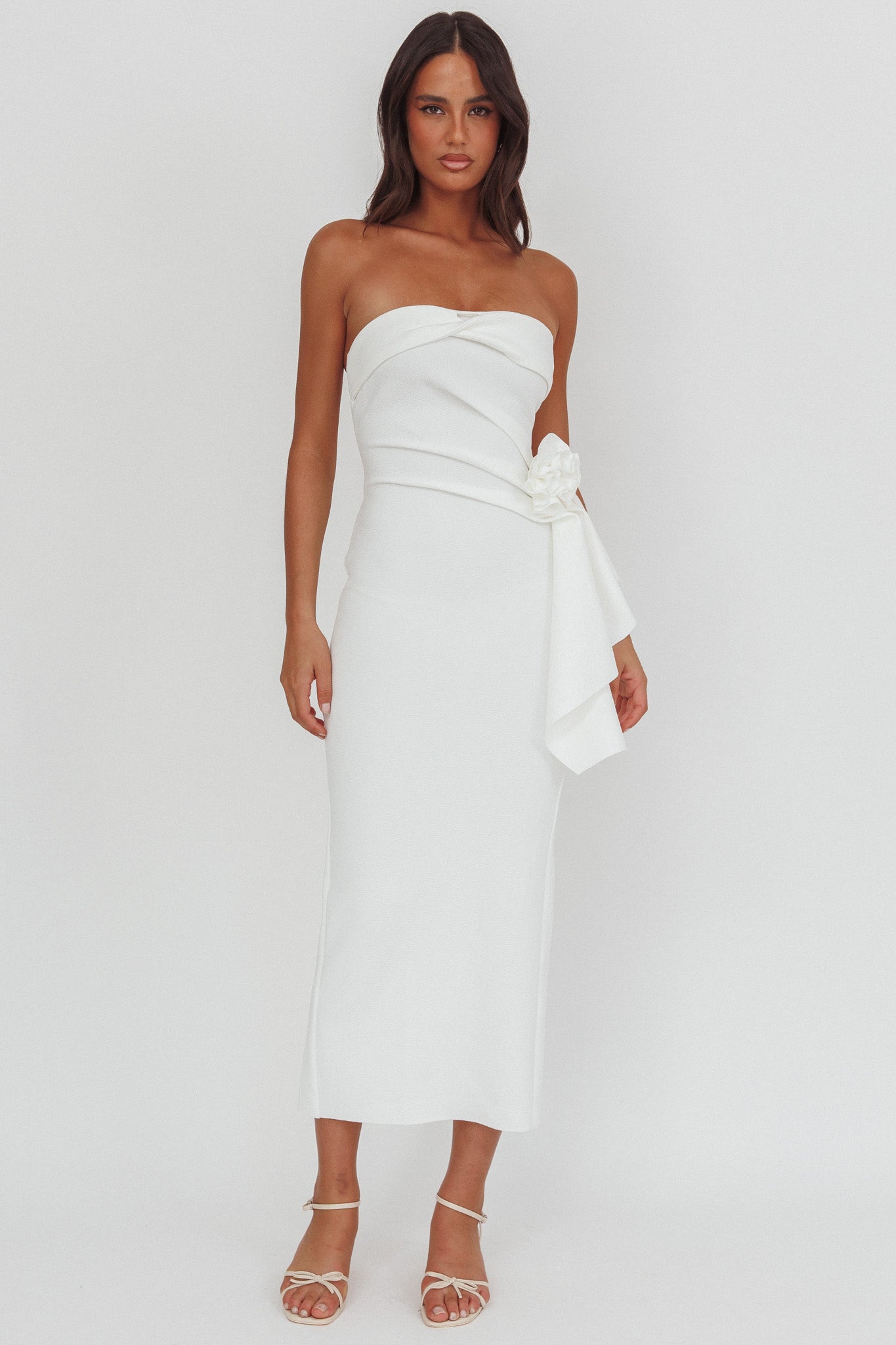 Sasha Cascade Ruffle Rosette Midi Dress White by Selfie Leslie Australia