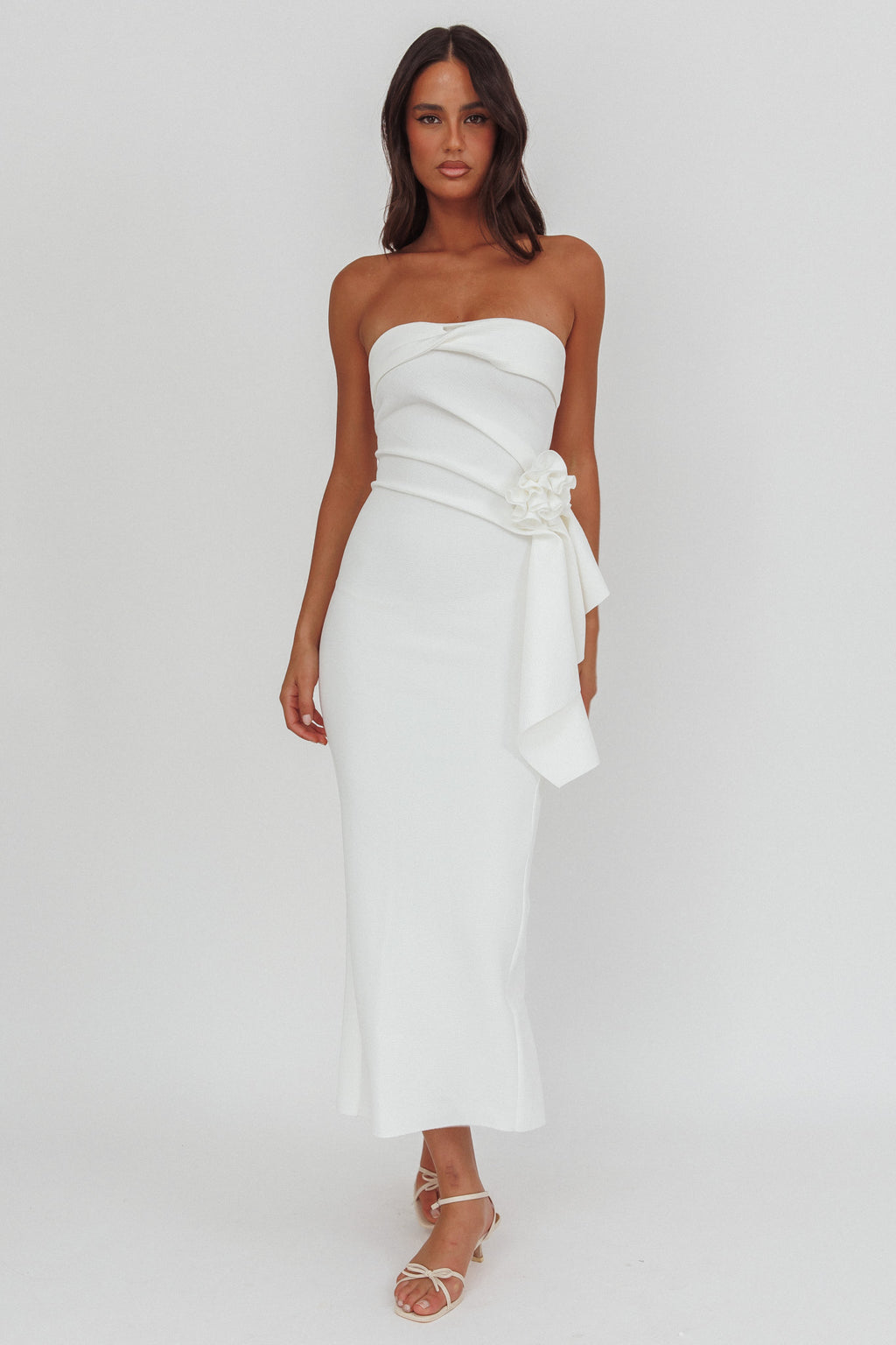 Sasha Cascade Ruffle Rosette Midi Dress White by Selfie Leslie Australia