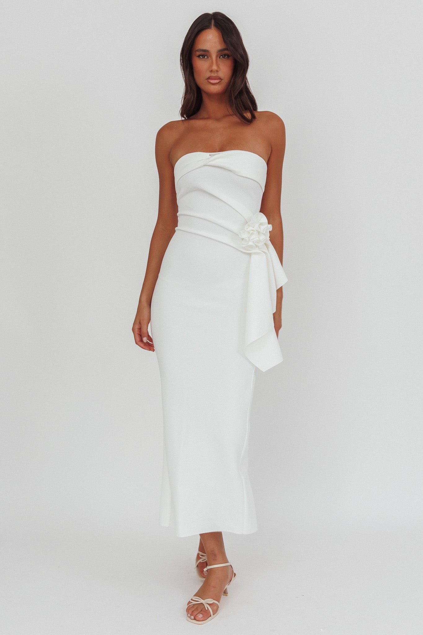 Sasha Cascade Ruffle Rosette Midi Dress White by Selfie Leslie Australia